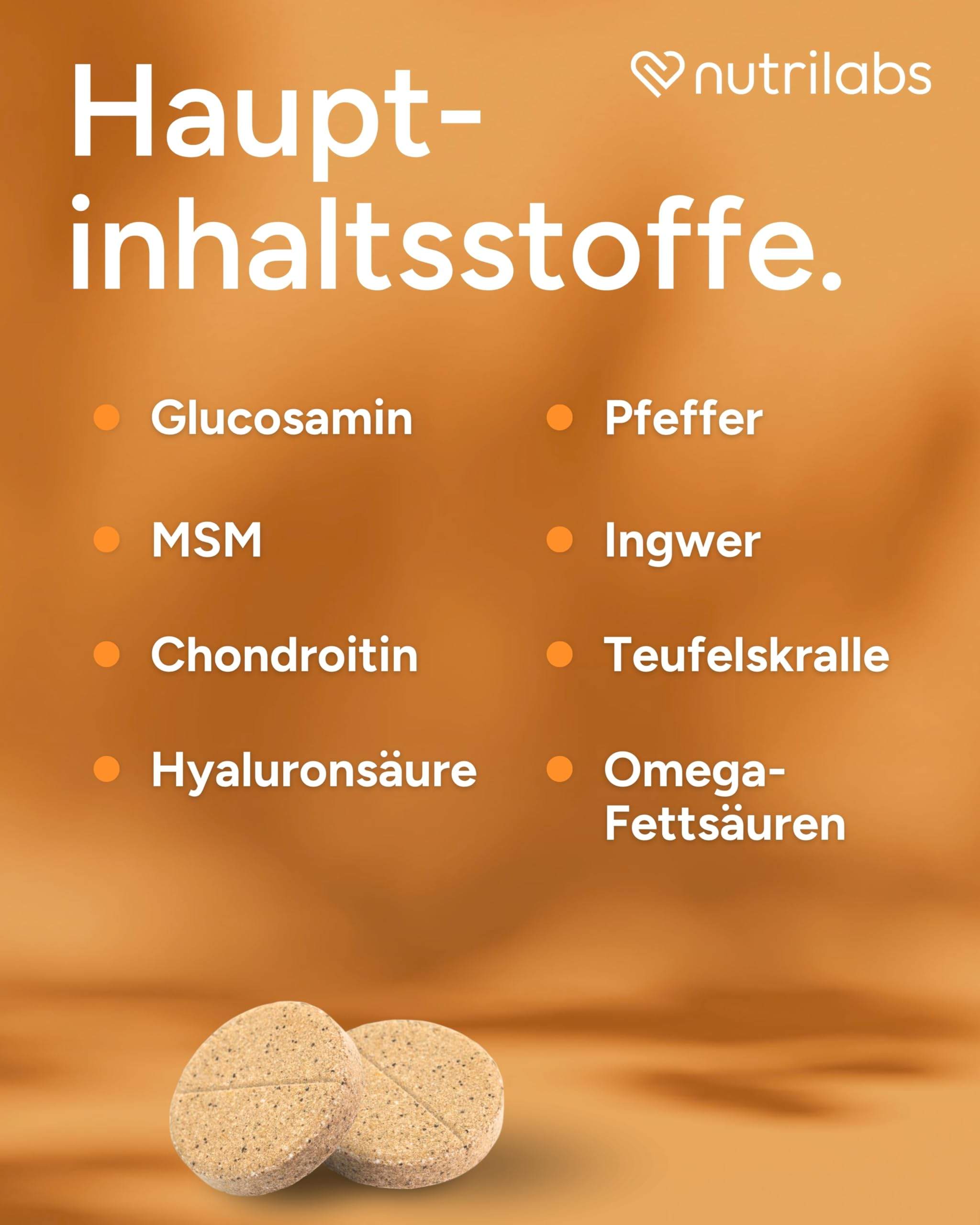 Nutrilabs-Grafik zeigt Hauptinhaltsstoffe und zwei beige Tabletten auf braunem Hintergrund.