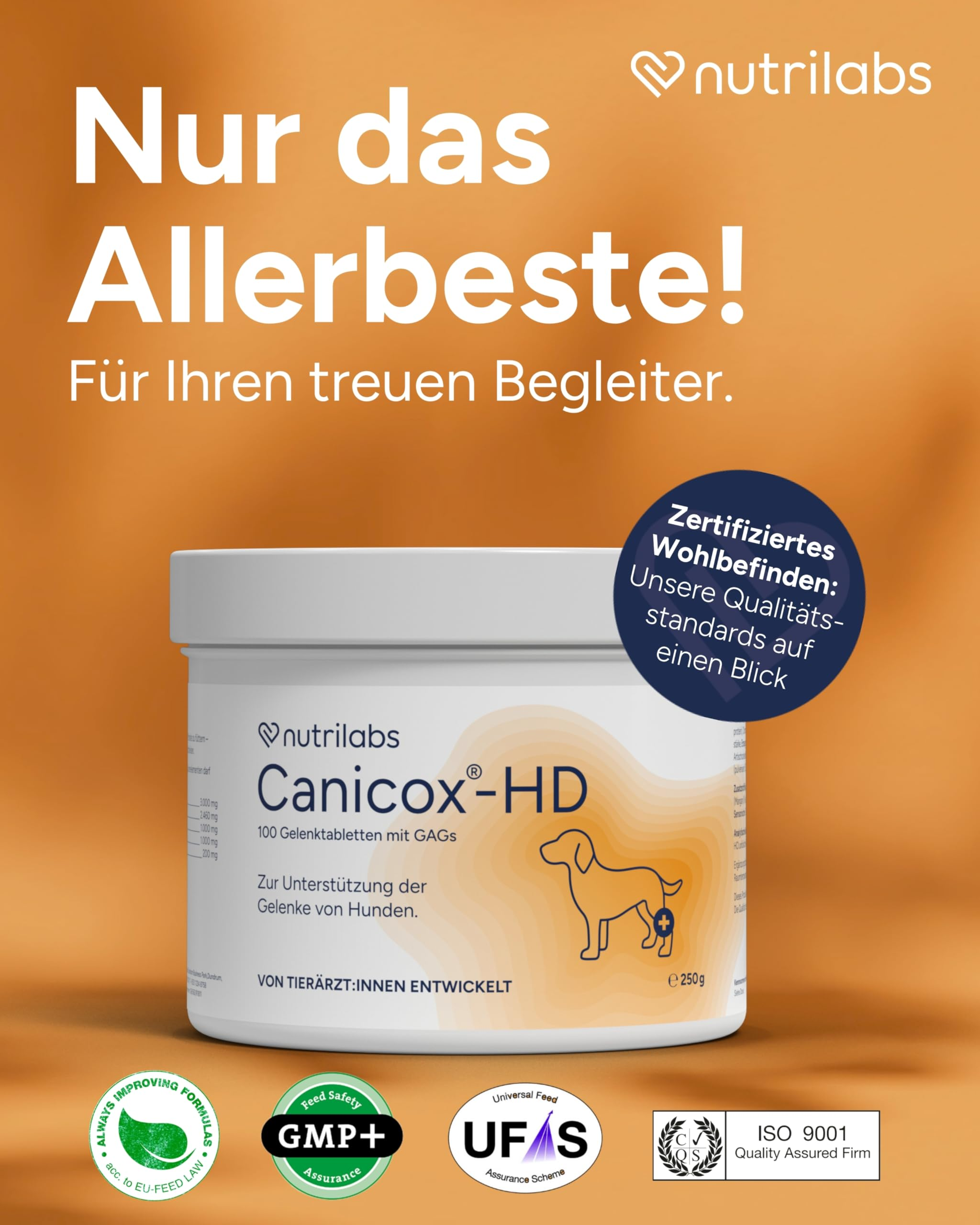 Nutrilabs Canicox-HD Gelenktabletten für Hunde vor orangefarbenem Hintergrund mit Text und Qualitätssiegeln.