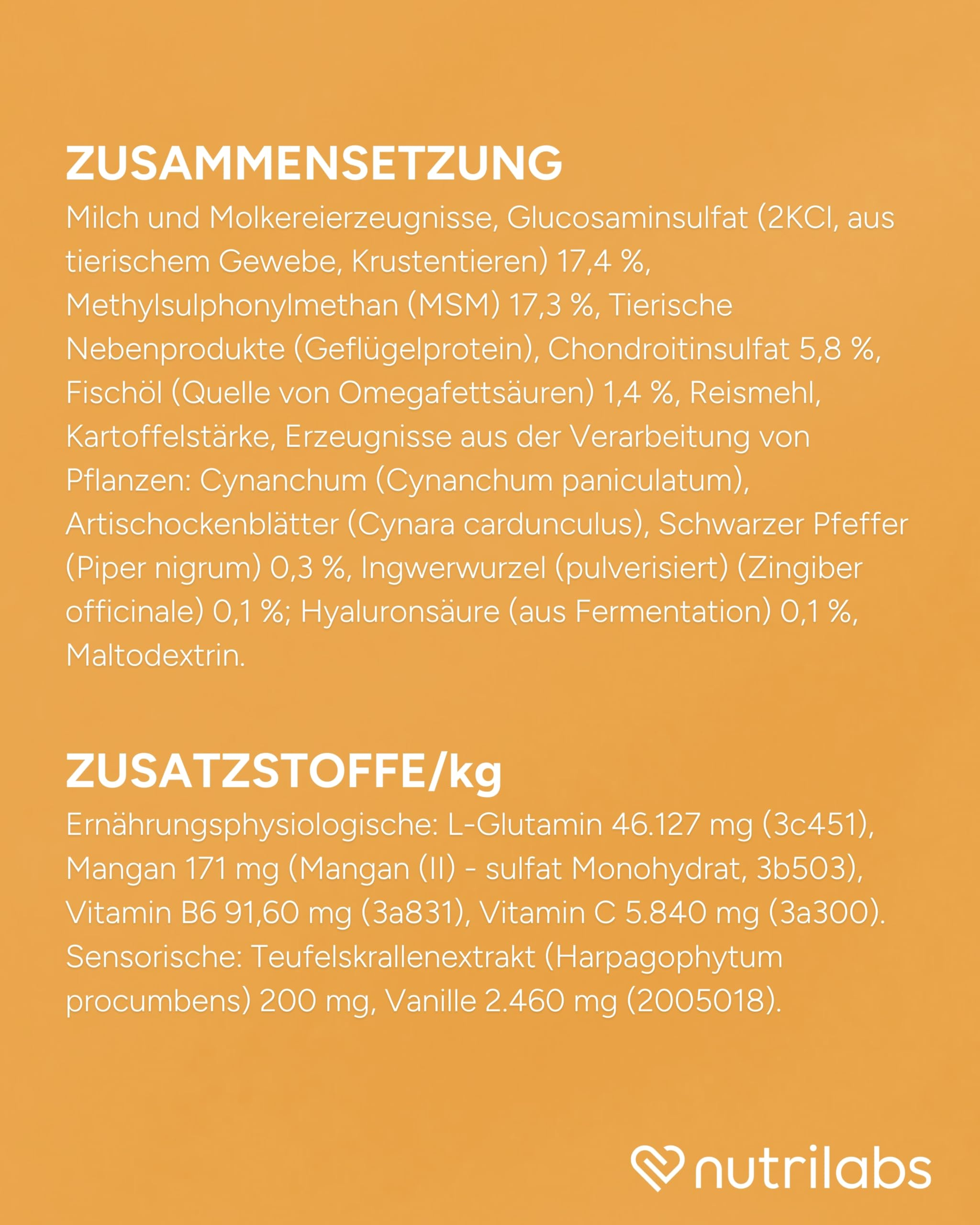 Zusammensetzung und Zusatzstoffe von Nutrilabs auf orangefarbenem Grund.