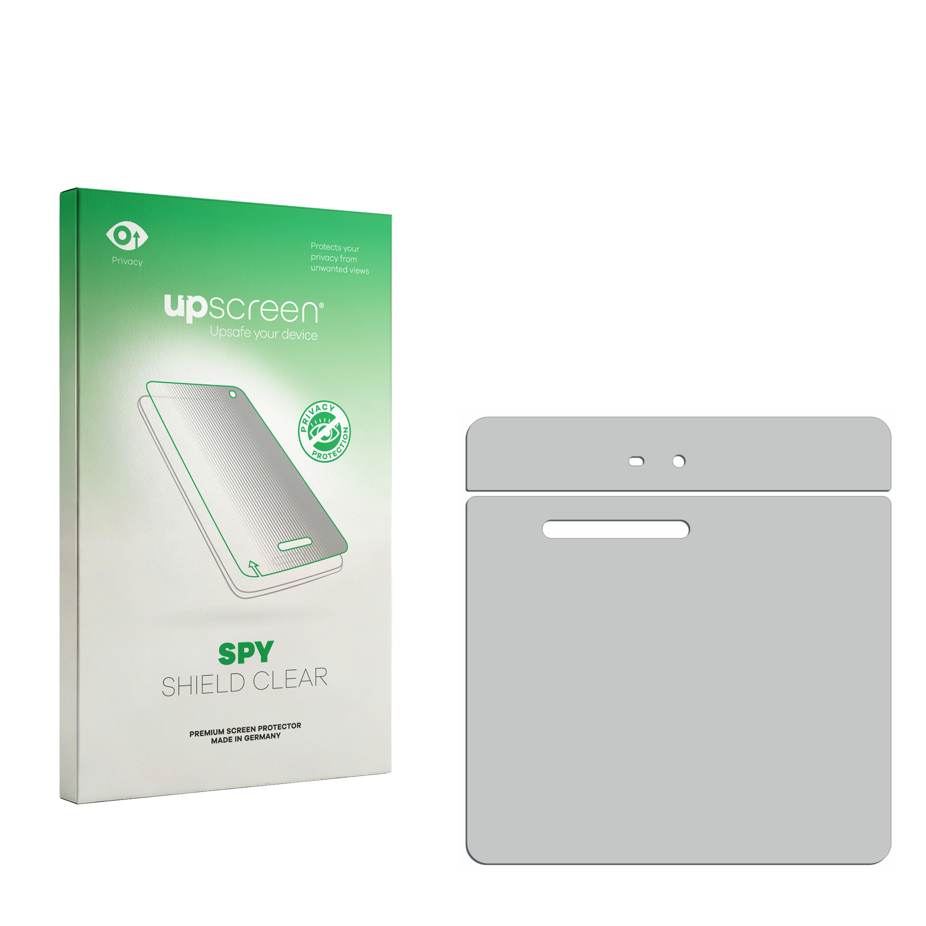 Eine upscreen Spy Shield Clear Displayschutz-Verpackungsbox neben zwei grauen Schutzfolienteilen auf Weiß.