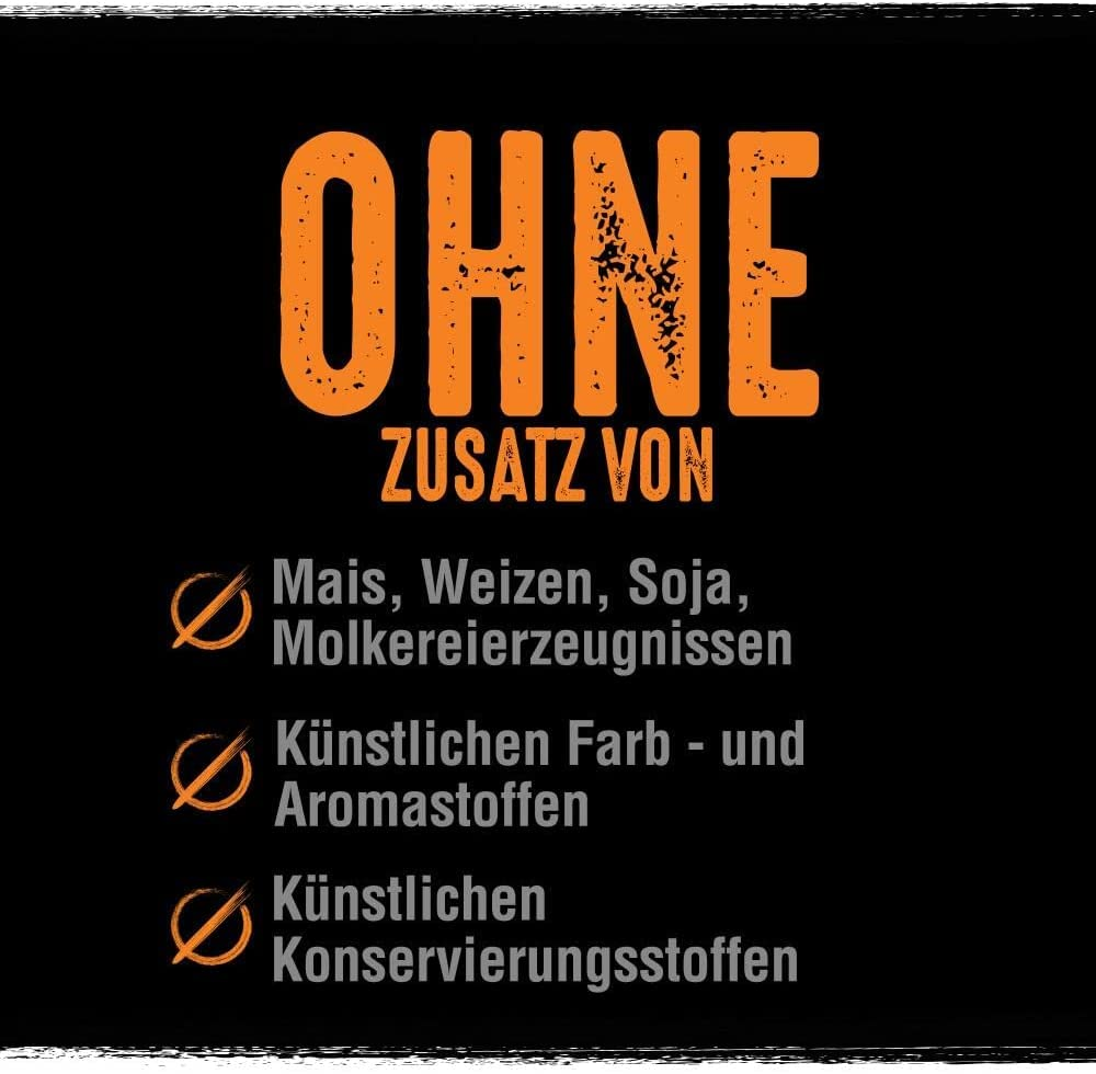 Schwarzes Plakat mit orangefarbenem Text OHNE ZUSATZ VON und drei durchgestrichenen Symbolen mit deutscher Lebensmittelliste.