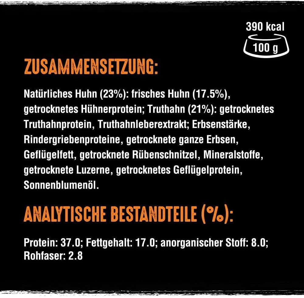 Deutsche Produktbeschreibung der Zusammensetzung und analytischen Bestandteile auf schwarzem Grund.