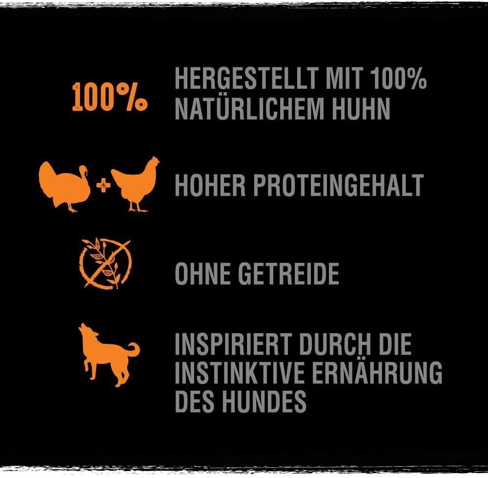 Schwarzes Plakat mit orangefarbenen Symbolen und Text in deutscher Sprache über Hundefutter mit Huhn.