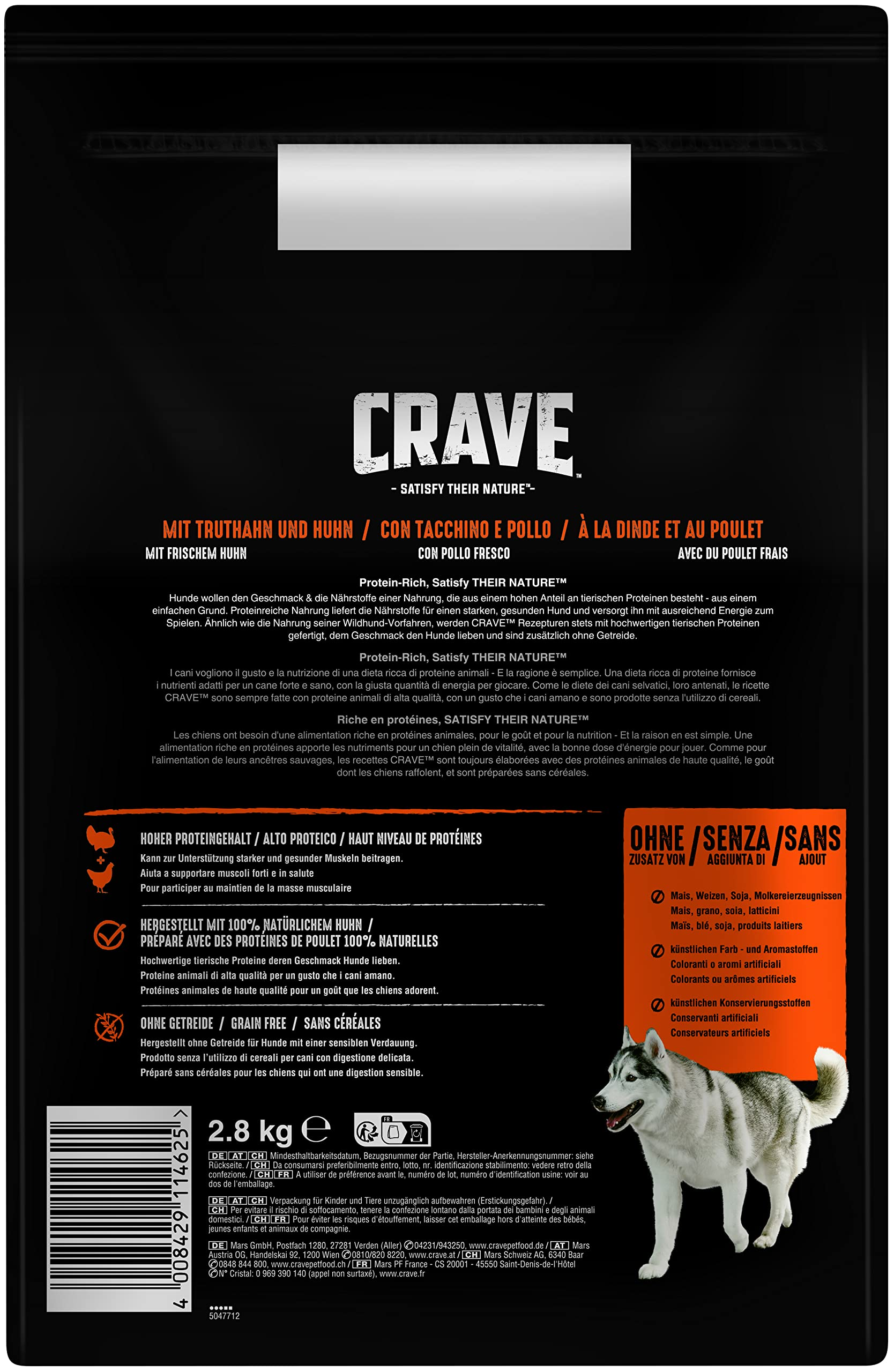 Rückseite einer Futtermittelverpackung mit dem Crave-Logo, Text und einem Bild eines Huskys.