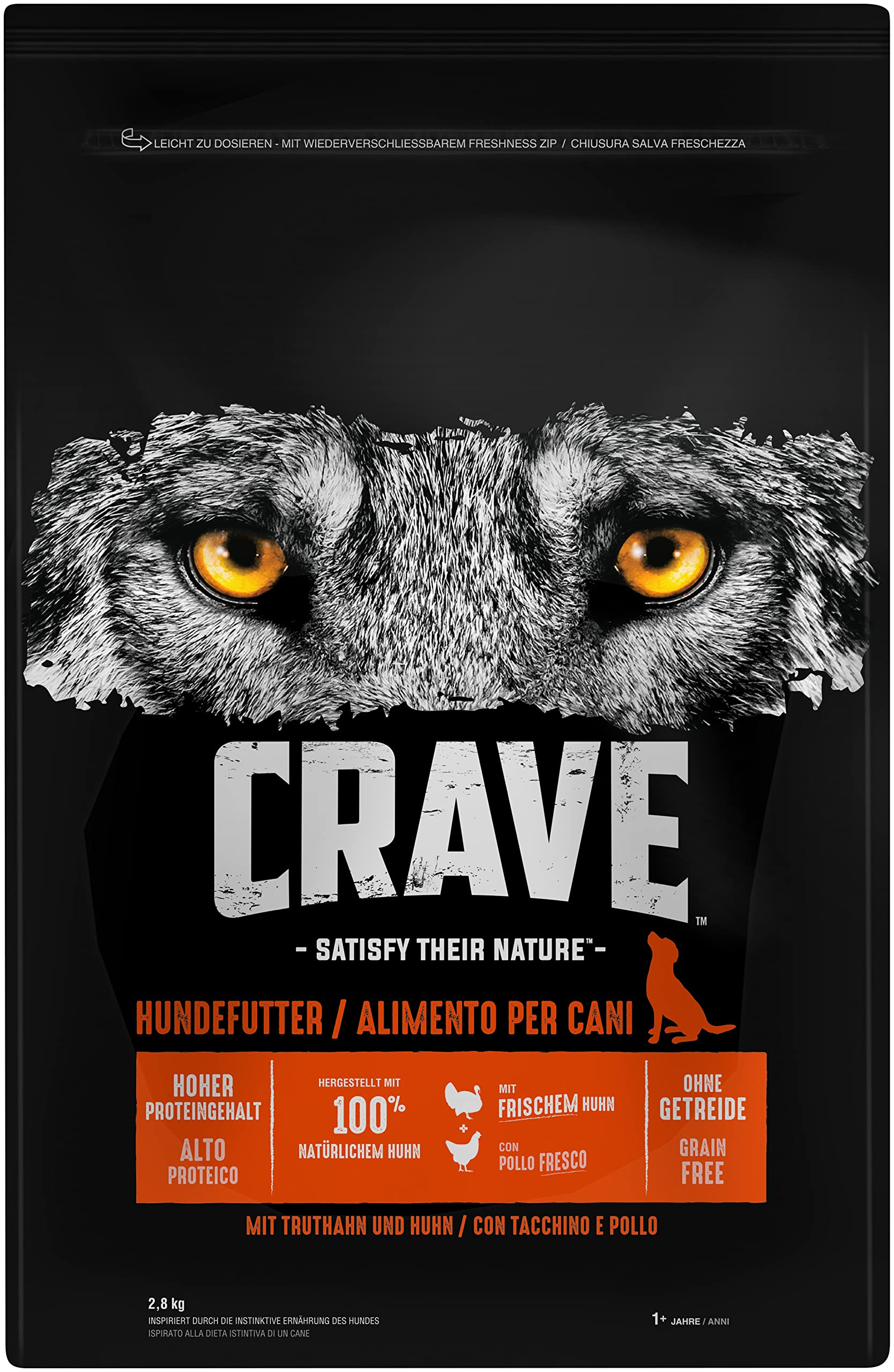 Schwarze Hundefutterverpackung von Crave mit Wolfsgesicht, gelben Augen und orangen Textakzenten.