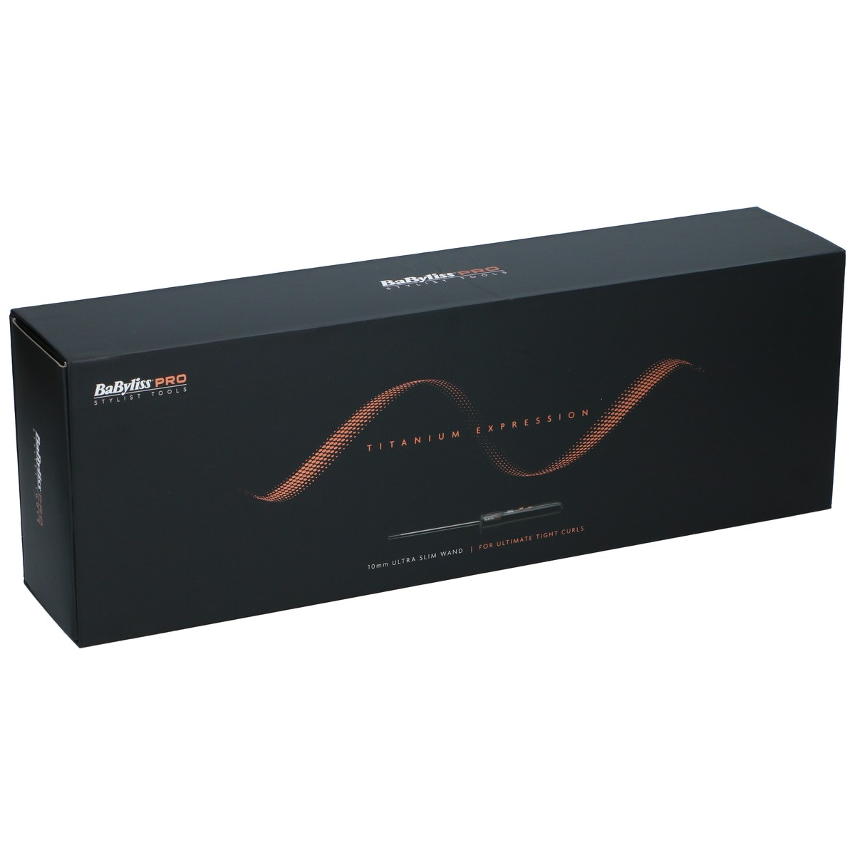 Eine schwarze BaBylissPRO Titanium Expression Lockenstab-Box auf weißem Hintergrund.