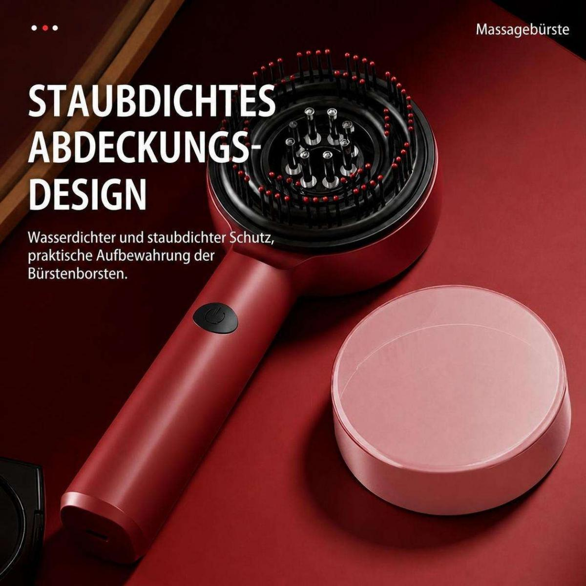 Rote Massagebürste mit Schutzdeckel und Text auf rotem Hintergrund.