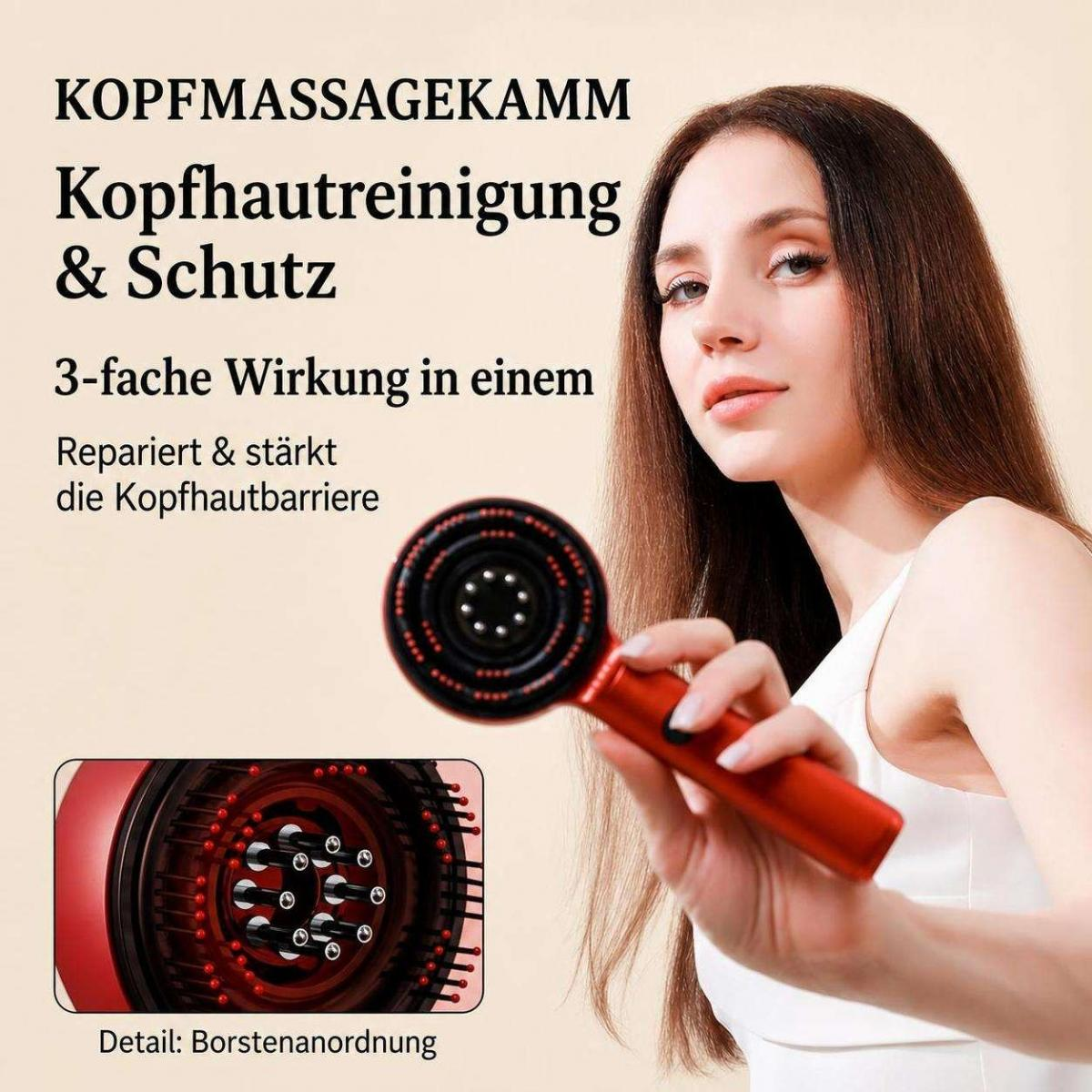 Eine Frau hält eine rote Kopfmassagebürste. Text auf Deutsch ist im Hintergrund sichtbar.