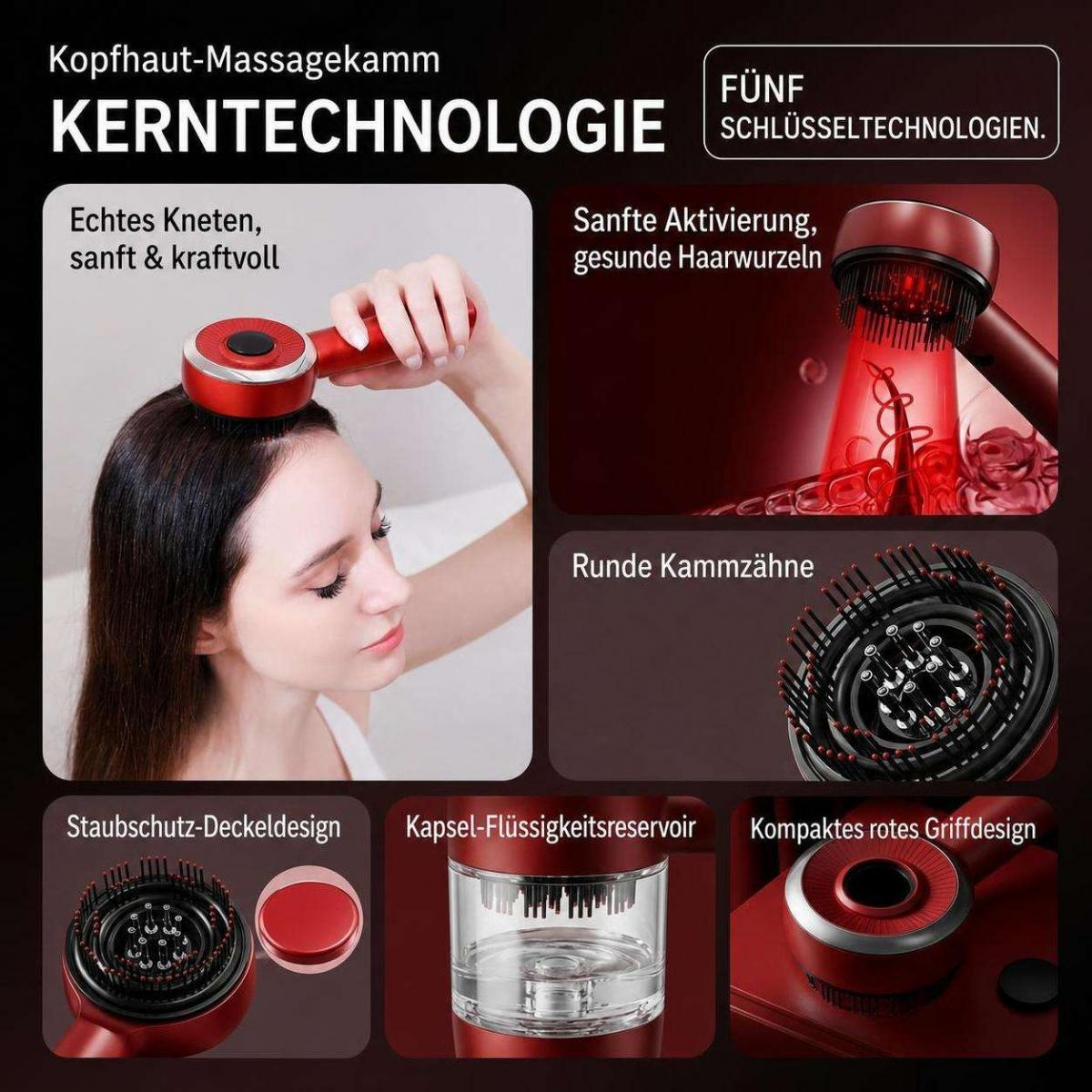 Produktwerbung für einen roten Kopfhaut-Massagekamm mit verschiedenen Detailansichten und Erklärungen.