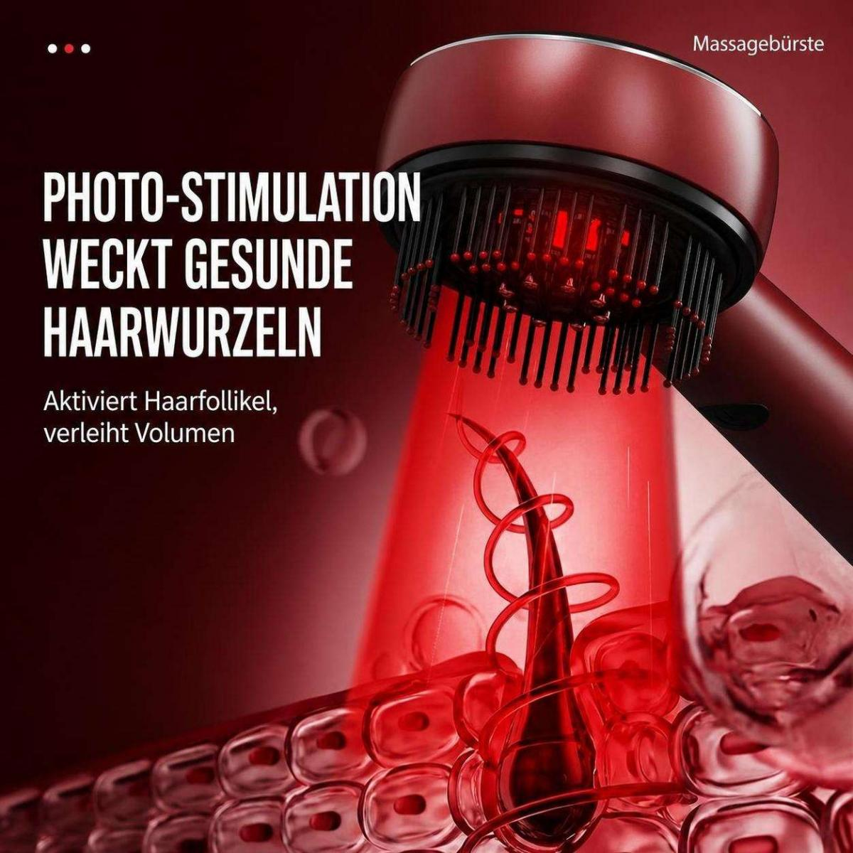 Rote Haarbürste mit Lichtstimulation zeigt eine Haarwurzel im Untergrund.