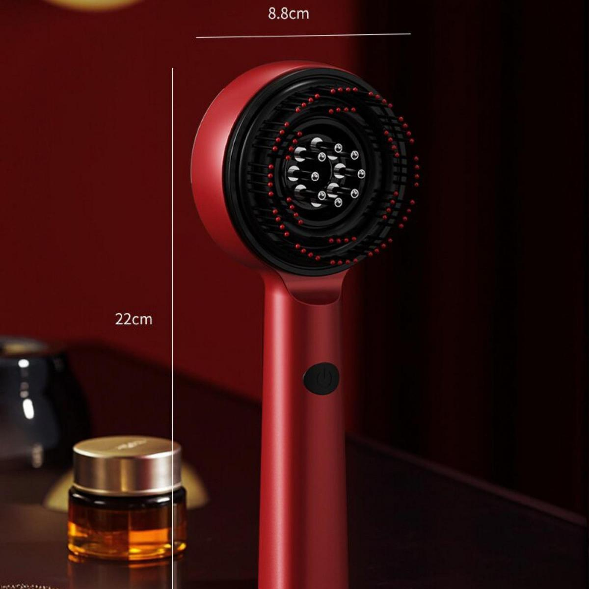 Eine rote Haarbürste mit rundem Kopf und integrierten Massageelementen auf dunklem Hintergrund, inklusive Maßangaben.