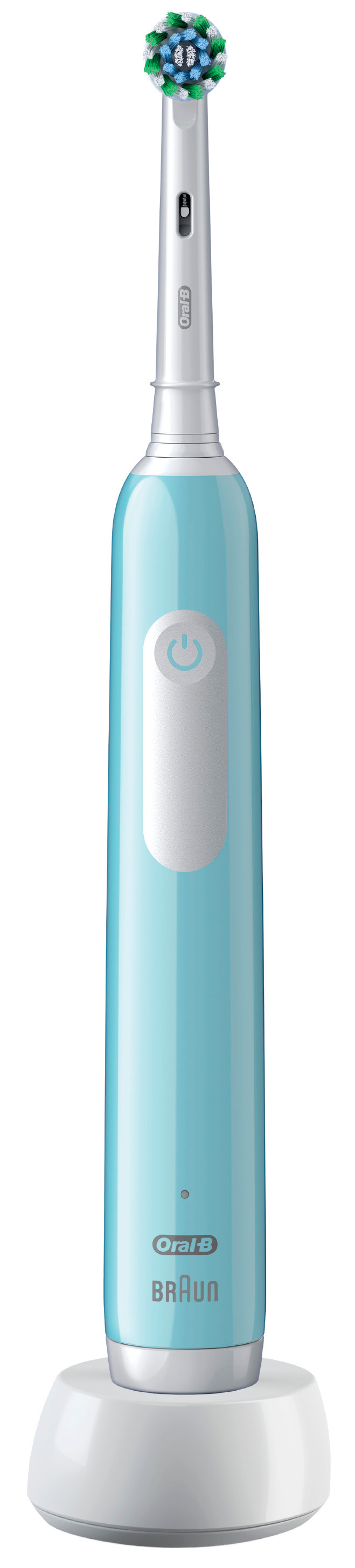 Eine hellblaue Oral-B elektrische Zahnbürste auf einer weißen Ladestation vor weißem Hintergrund.