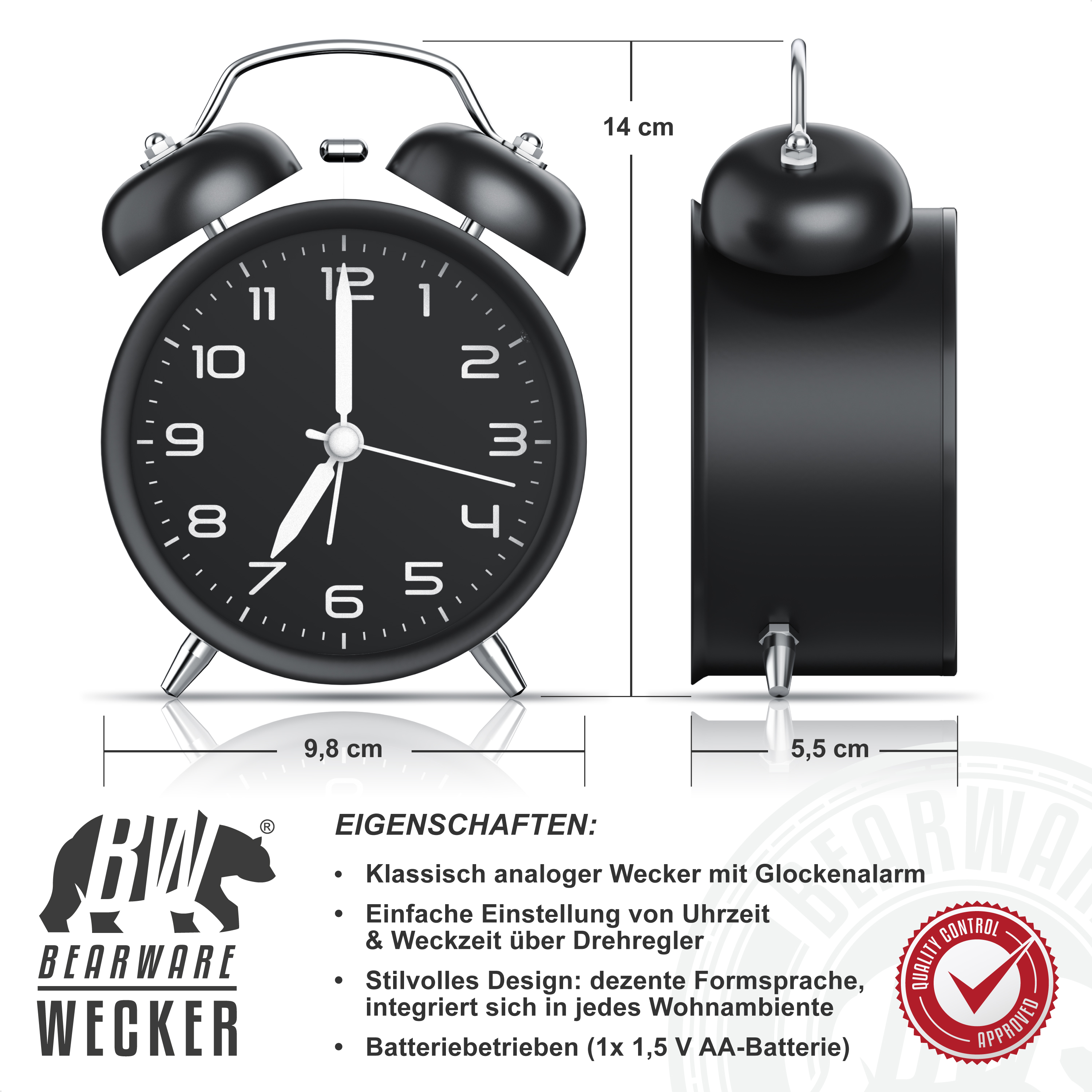 Schwarzer analoger Wecker mit Maßen und Produktfeatures.