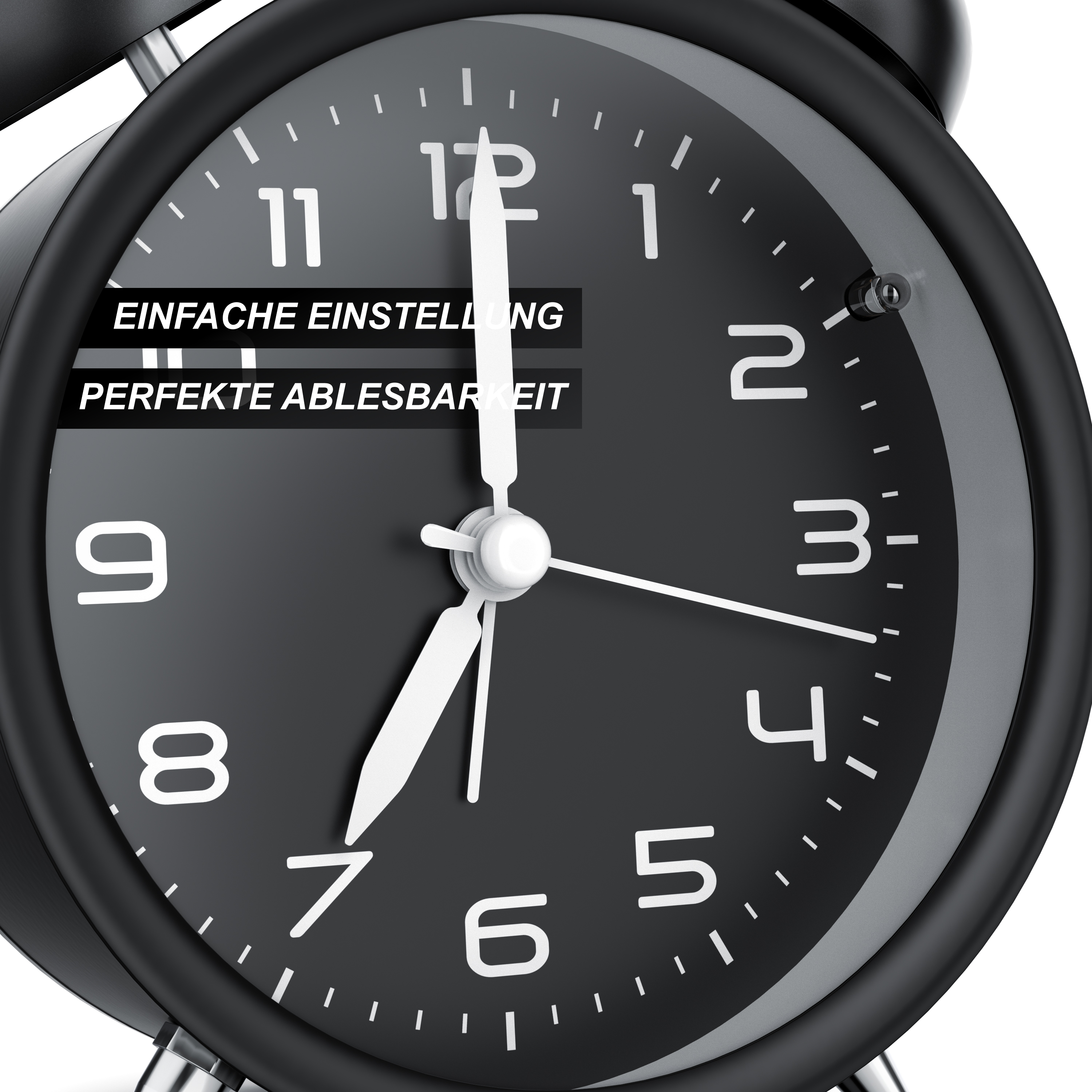 Schwarzer Wecker mit Zifferblatt, weißen Zeigern und Texten "Einfache Einstellung" und "Perfekte Ablesbarkeit".
