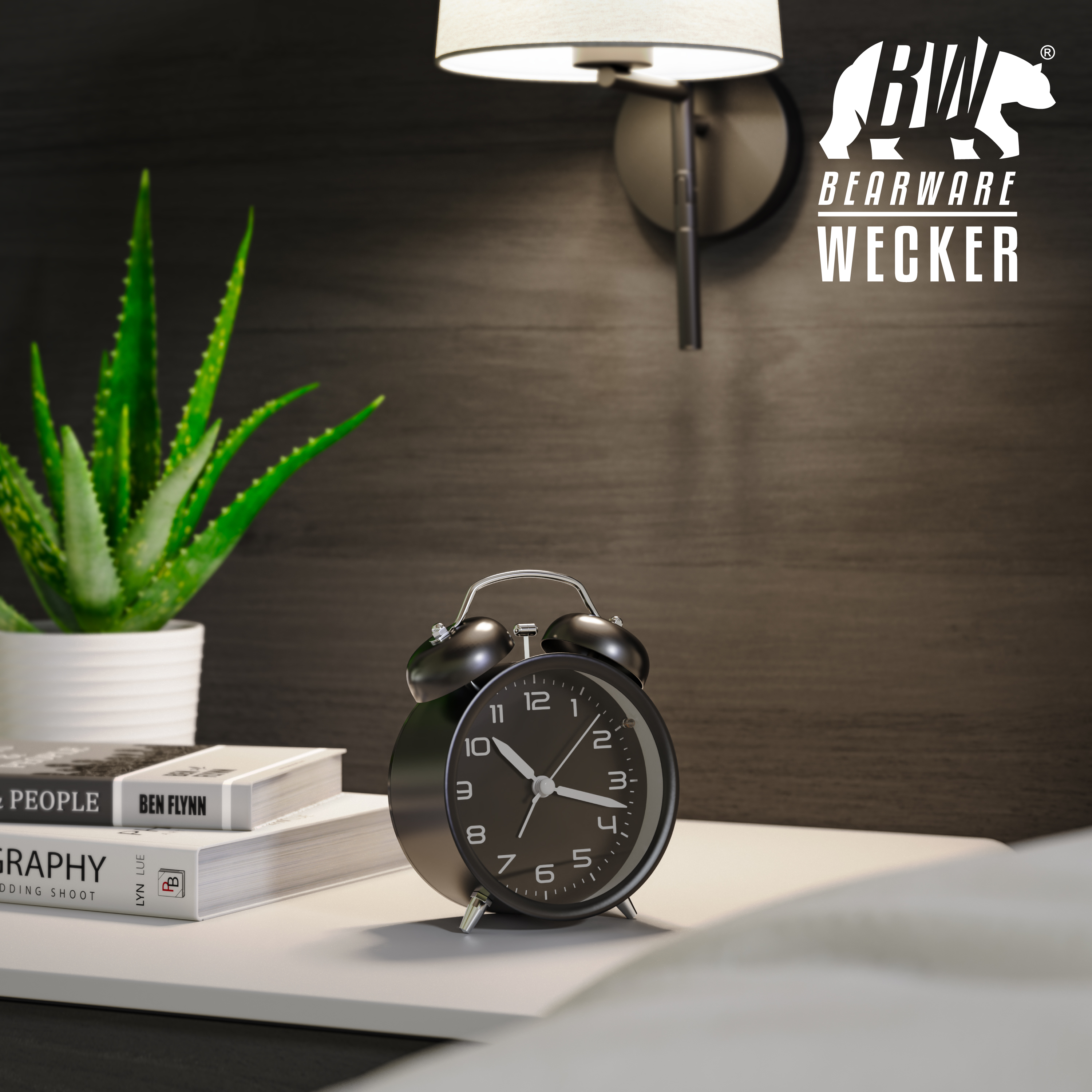 Ein schwarzer Wecker, Bücher und eine Topfpflanze stehen auf einem weißen Nachttisch vor dunkler Wand.
