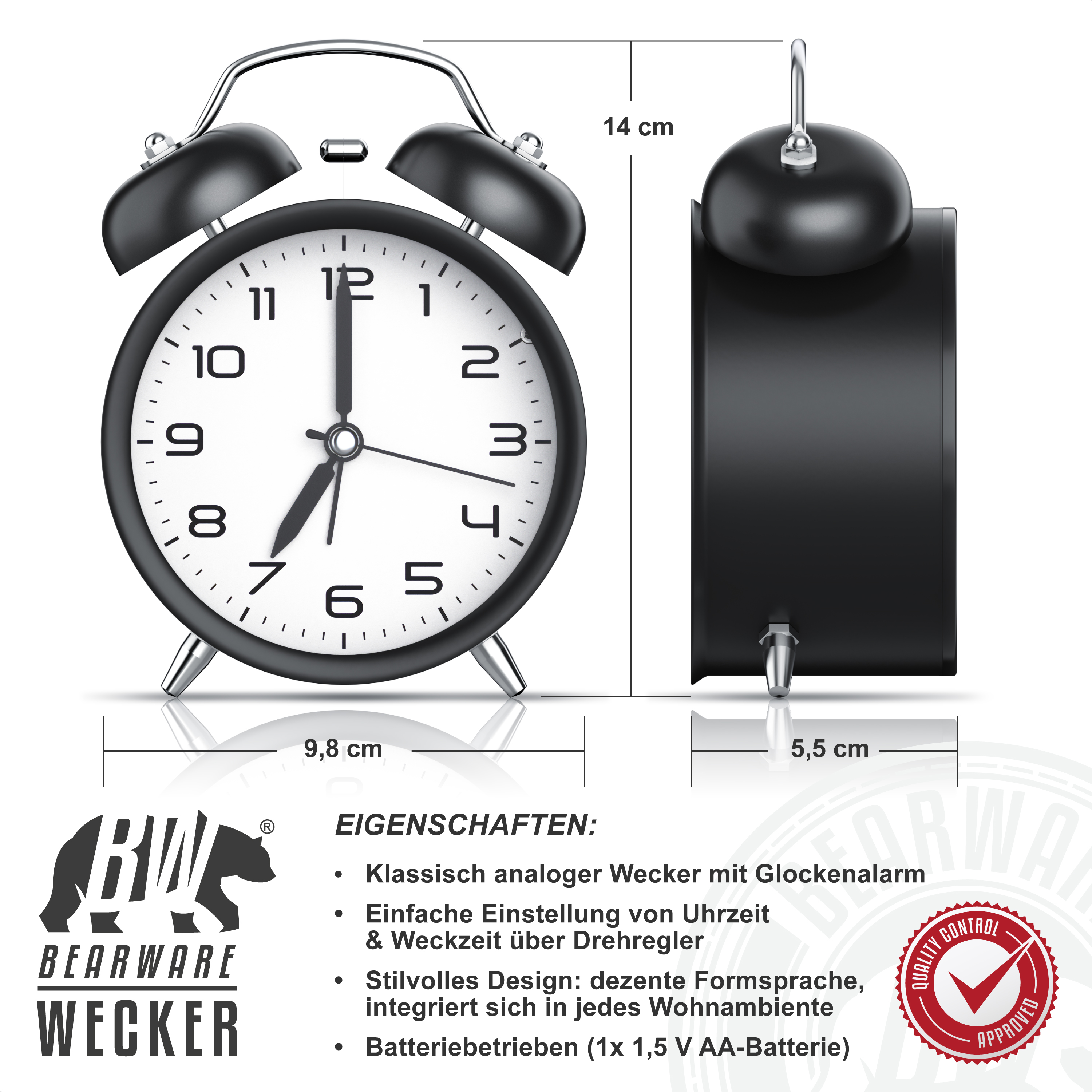 Vorder- und Seitenansicht eines schwarzen analogen Doppeltür-Weckers mit Maßangaben und Produktdetails.