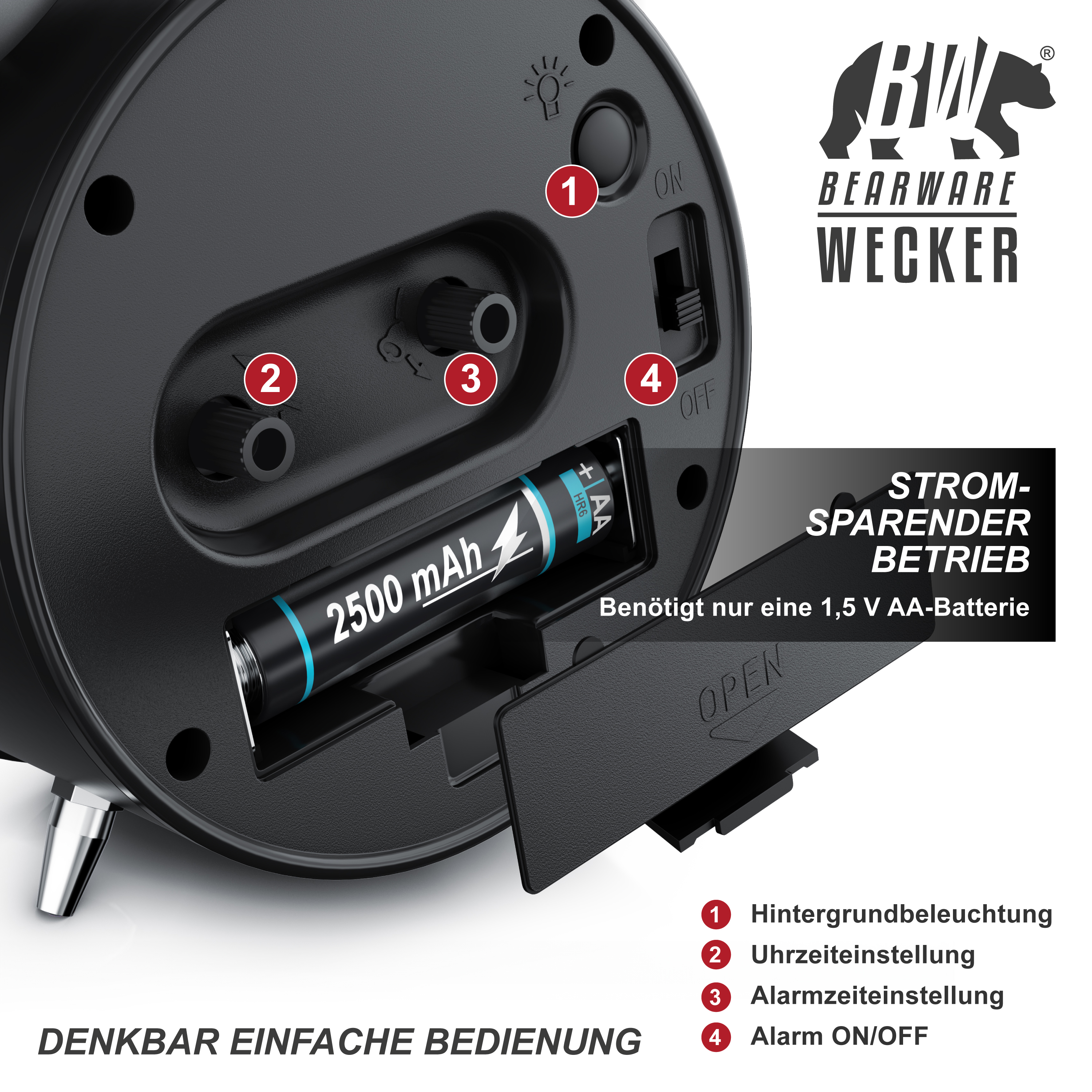 Rückseite einer schwarzen Bearware Wecker mit geöffnetem Batteriefach, AA-Batterie und nummerierten Funktionen.