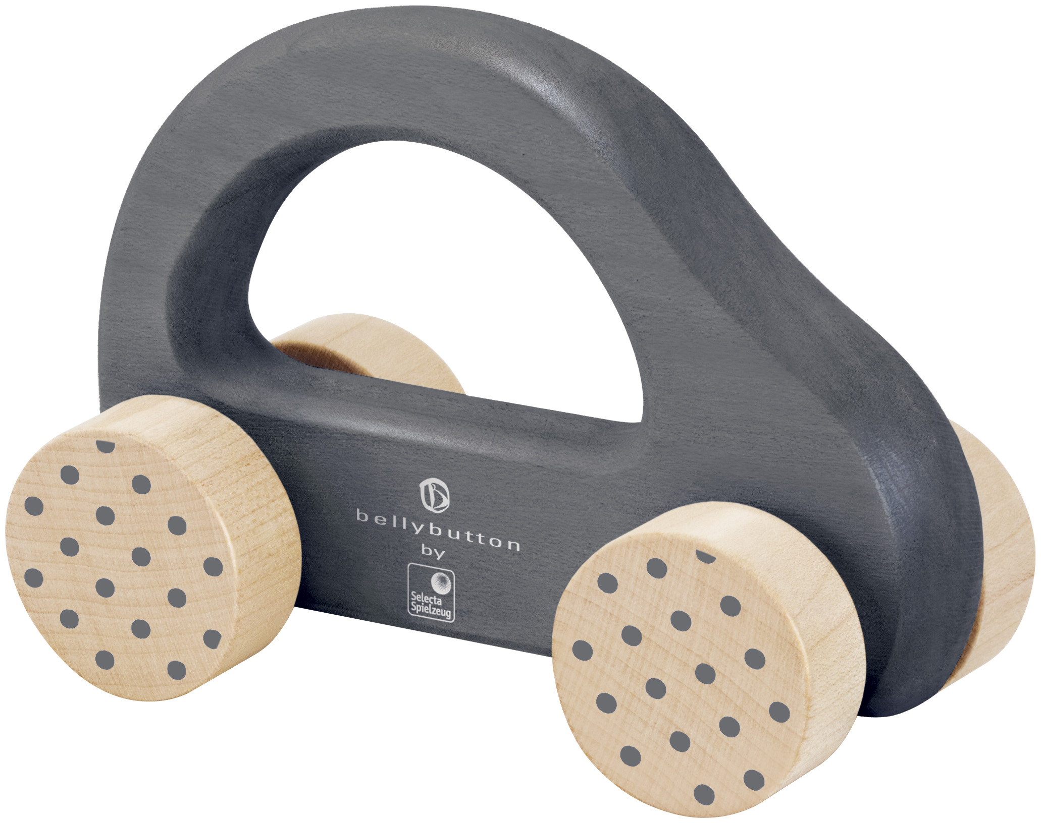 Ein graues Holzspielzeugauto mit großer Grifföffnung und vier Holzrädern mit grauen Punkten.