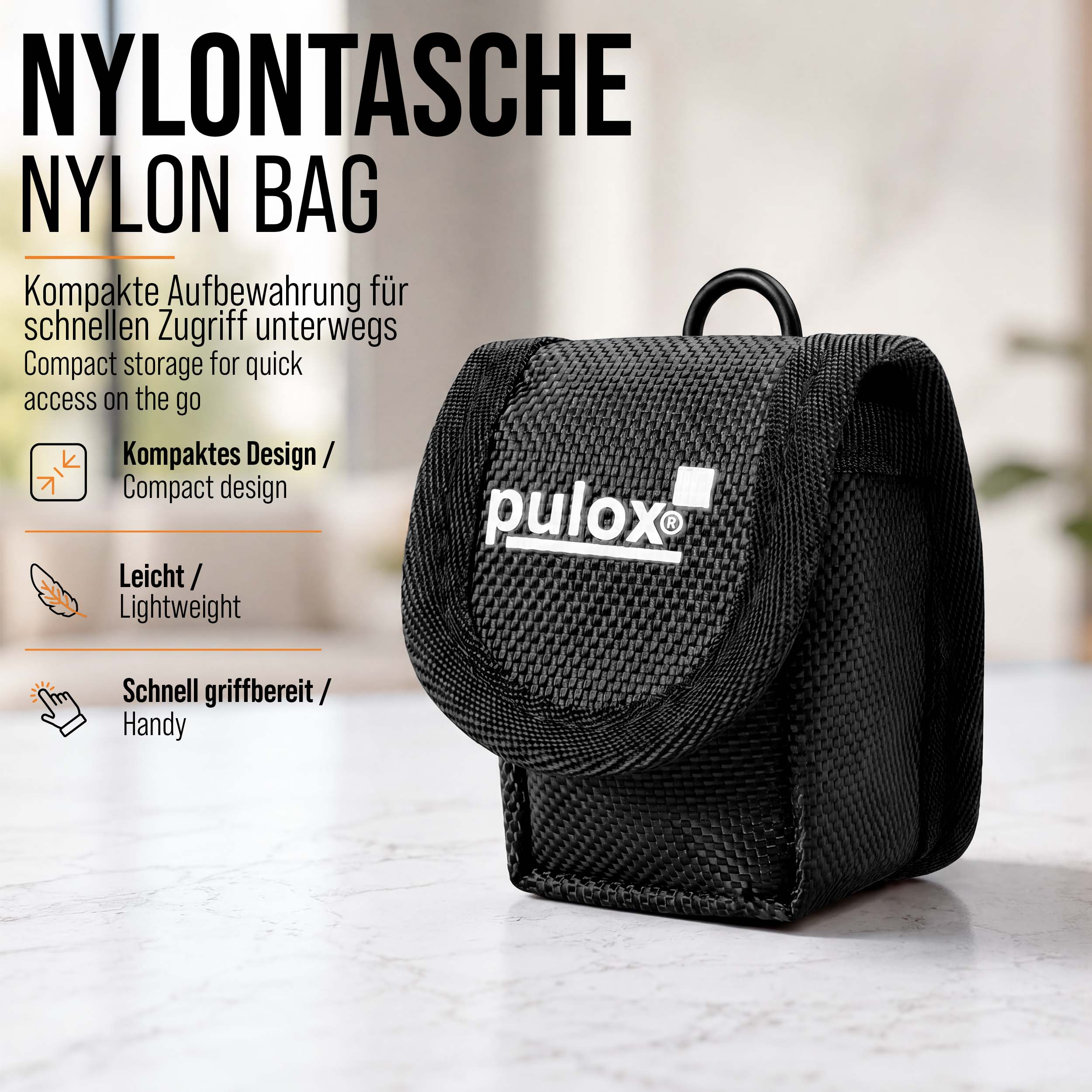 Schwarze Nylontasche mit Pulox-Logo auf hellem Marmor, mit Text in Deutsch und Englisch.