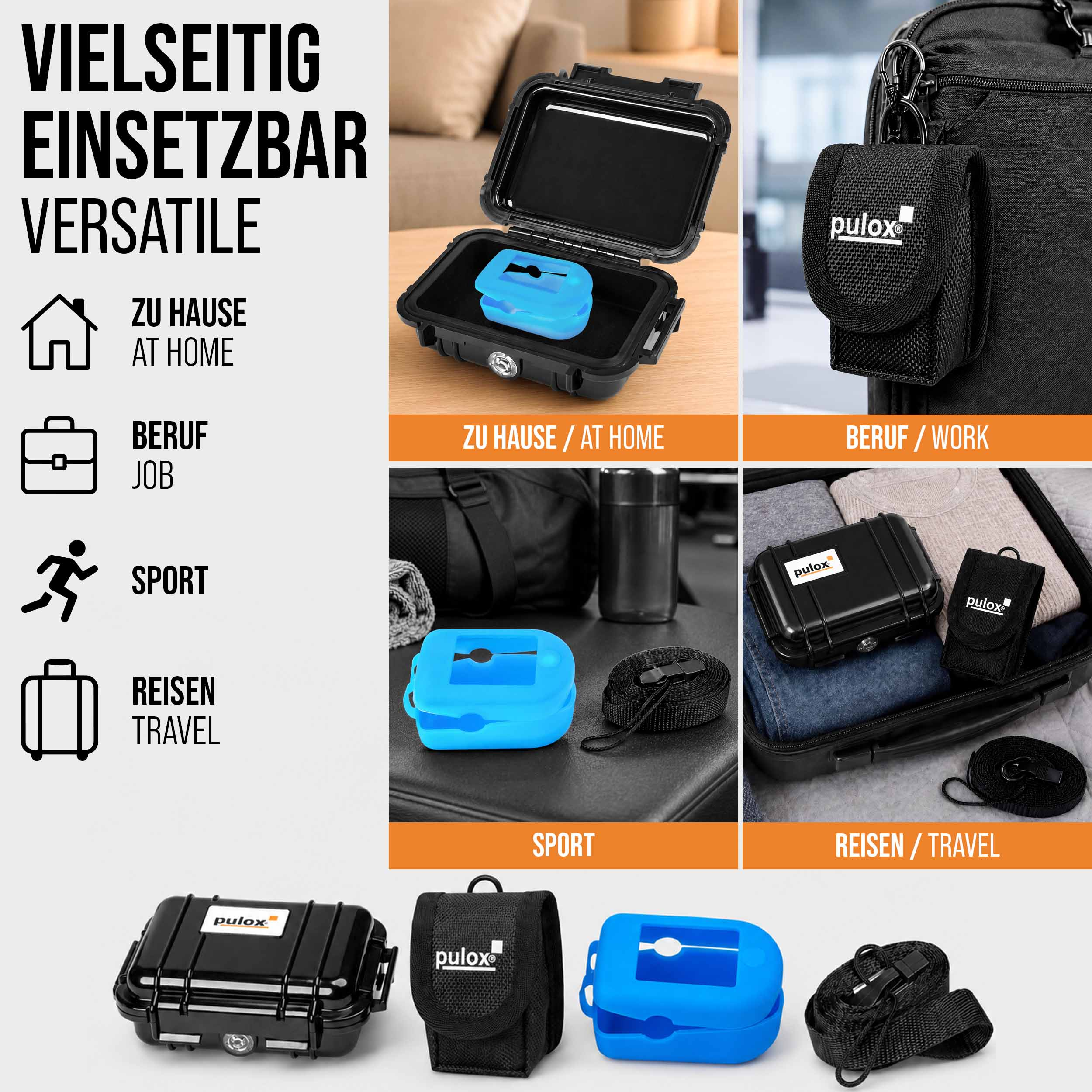 Collage zur Verwendung des Pulox-Schutzkoffers für Zuhause, Arbeit, Sport und Reisen mit Symbolen.
