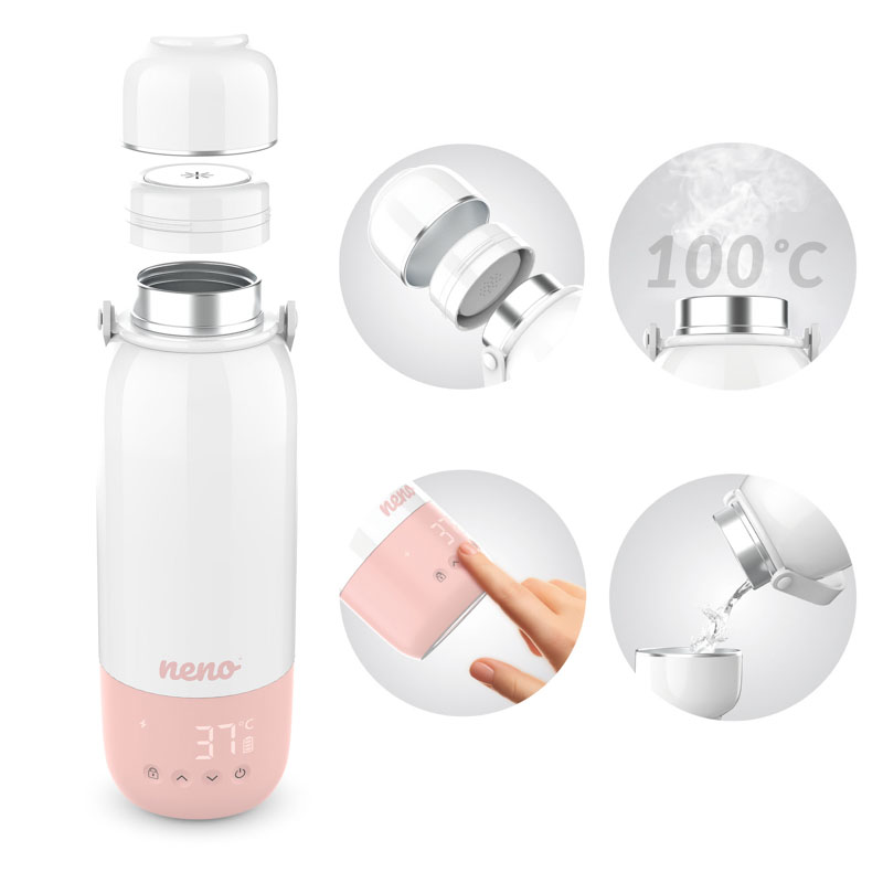 Eine weiße und rosa Neno-Thermoskanne mit digitalem Display und Insets, die Teile, Dampf und das Eingießen zeigen.