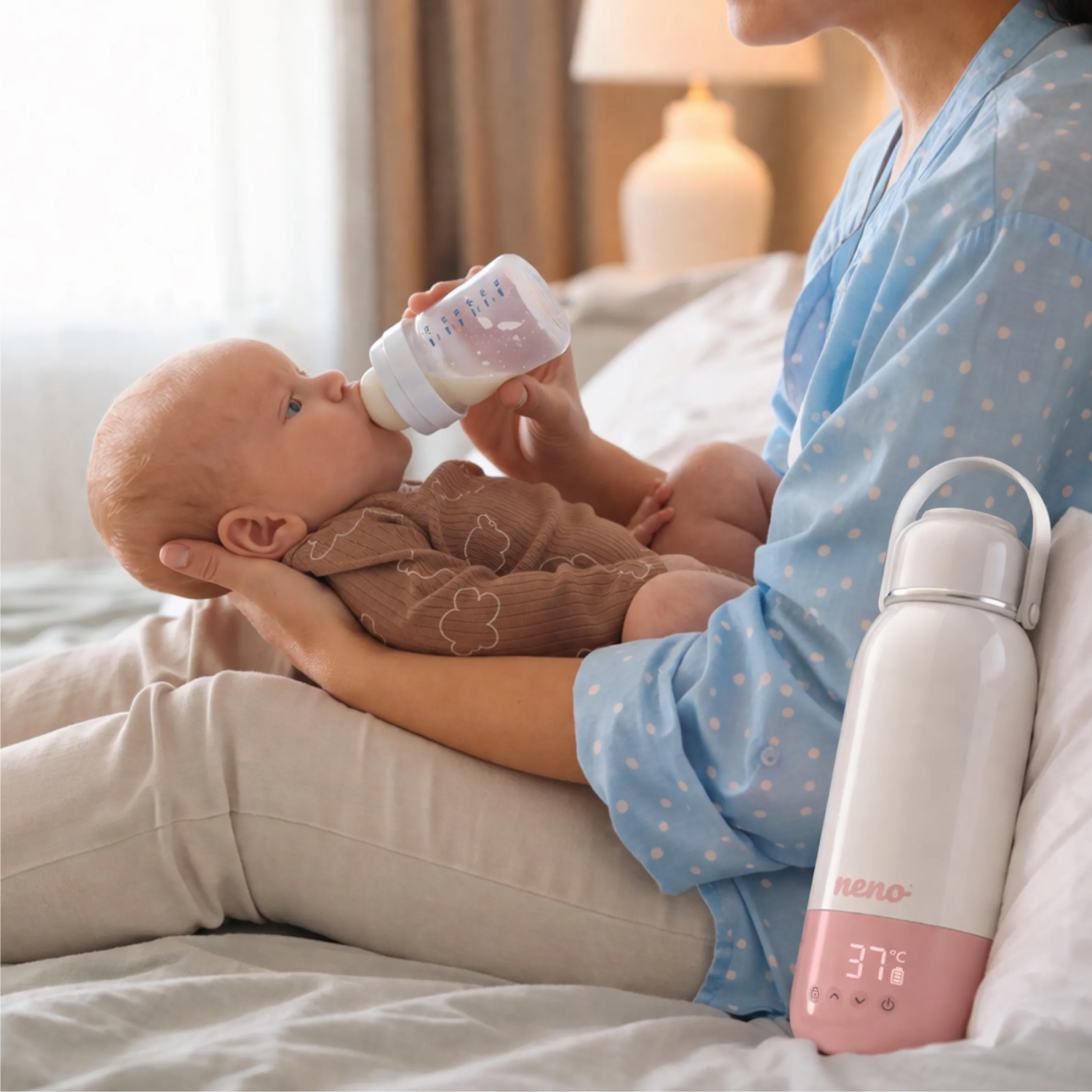 Eine Frau in blau gemustertem Oberteil füttert ein Baby auf ihrem Schoß, neben ihr steht eine Thermosflasche.