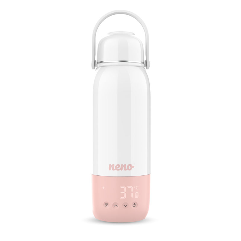 Eine weiße und rosa Thermosflasche mit digitaler Temperaturanzeige und Tragebügel auf weißem Hintergrund.