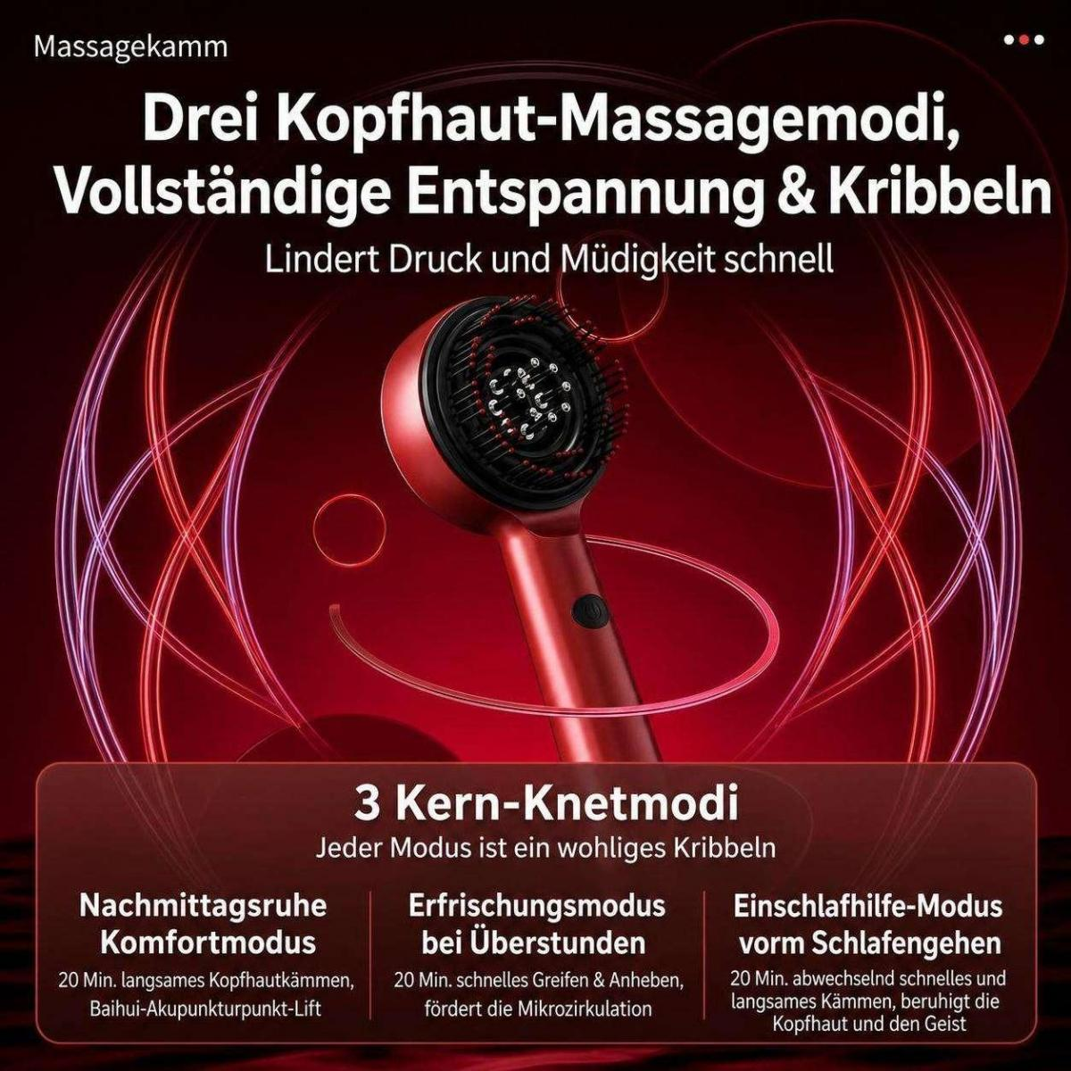 Roter elektrischer Kopfhautmassagekamm mit drei Modi auf dunkelrotem Hintergrund und deutschem Text.