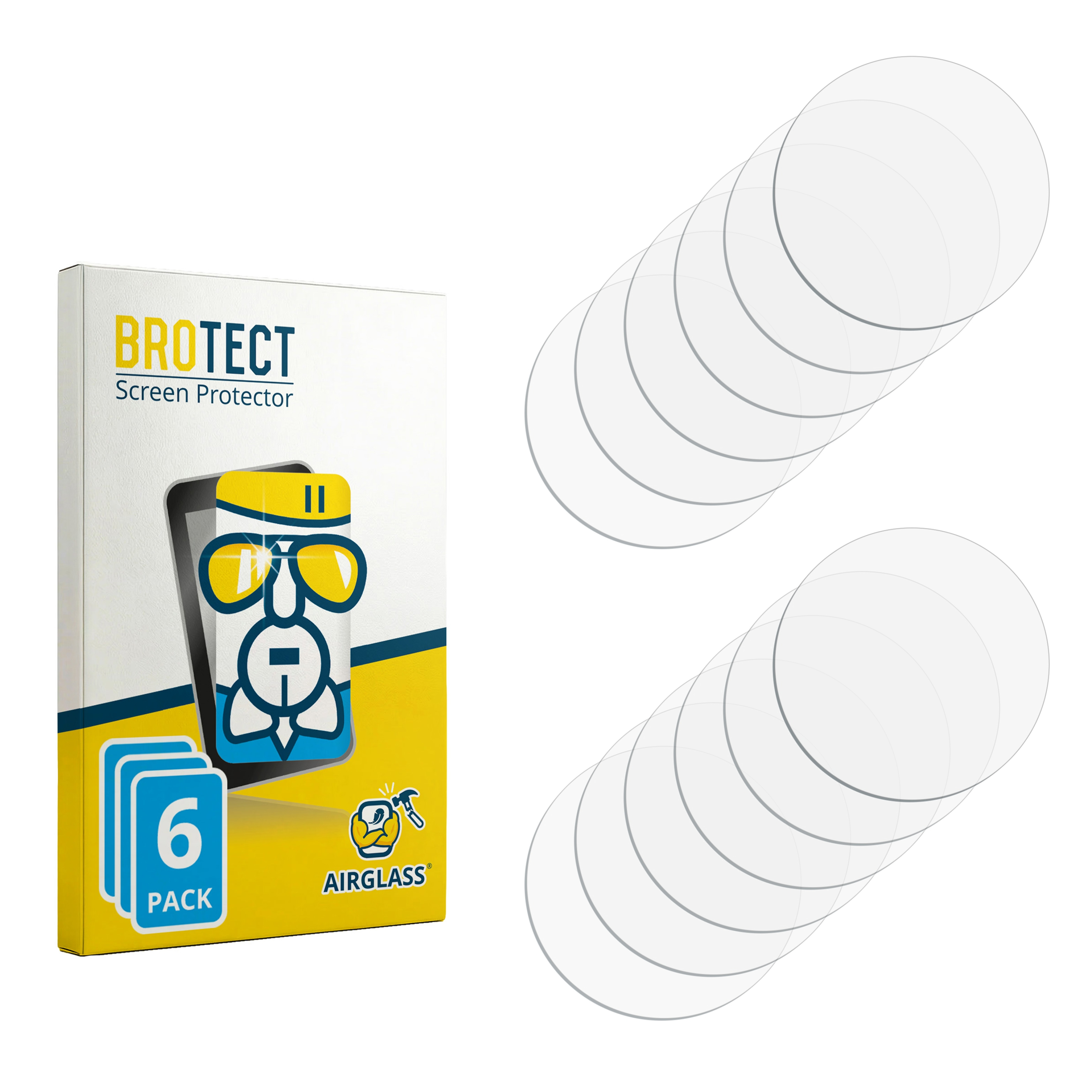Brotect Airglass 6er-Pack Displayschutzfolien mit rundem Glas und Verpackung.