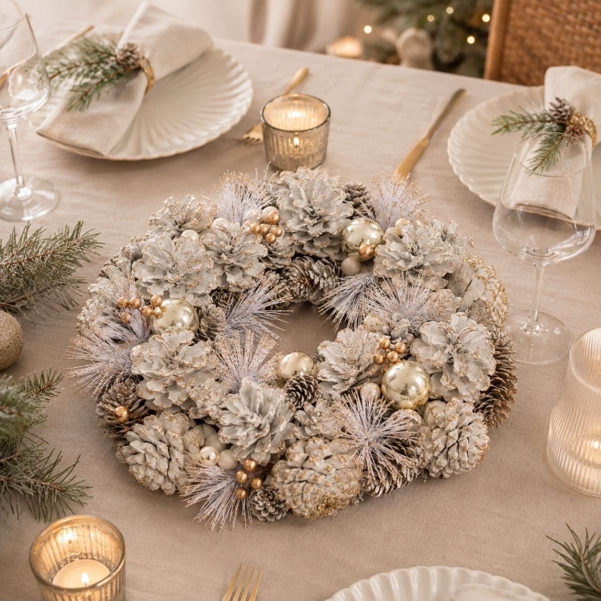 Une couronne de fête avec des pommes de pin, des boules dorées et des aiguilles blanches sur une table.