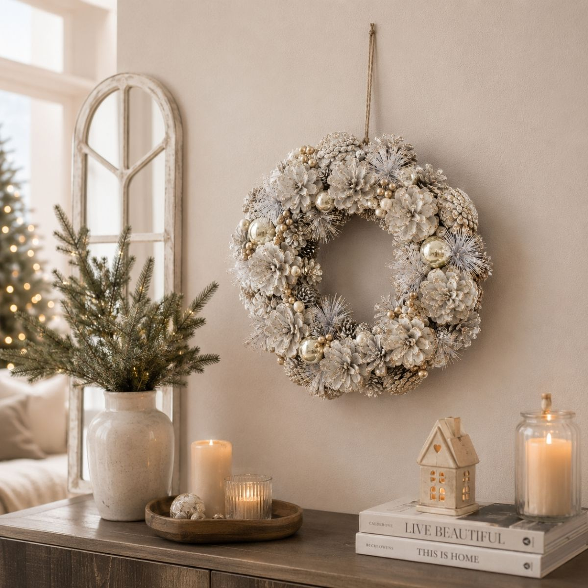Une couronne de Noël en pommes de pin blanches accrochée à un mur beige, au-dessus d'une table avec des bougies.