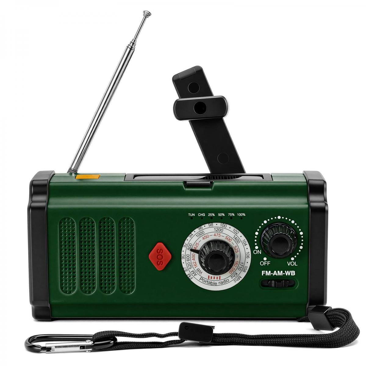 Grünes Notfallradio mit Antenne, Tuning-Regler, Lautsprecher und Solarpanel oben.