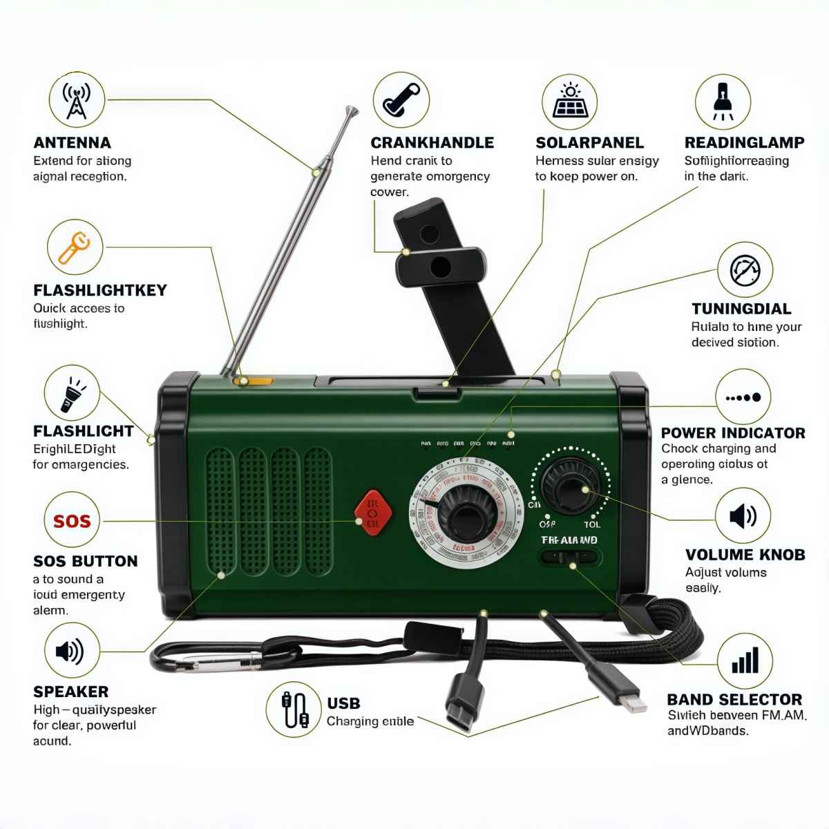 Ein grünes Notfallradio mit erklärenden Beschriftungen zu allen Funktionen, Tasten, Antenne und Solarpanel.