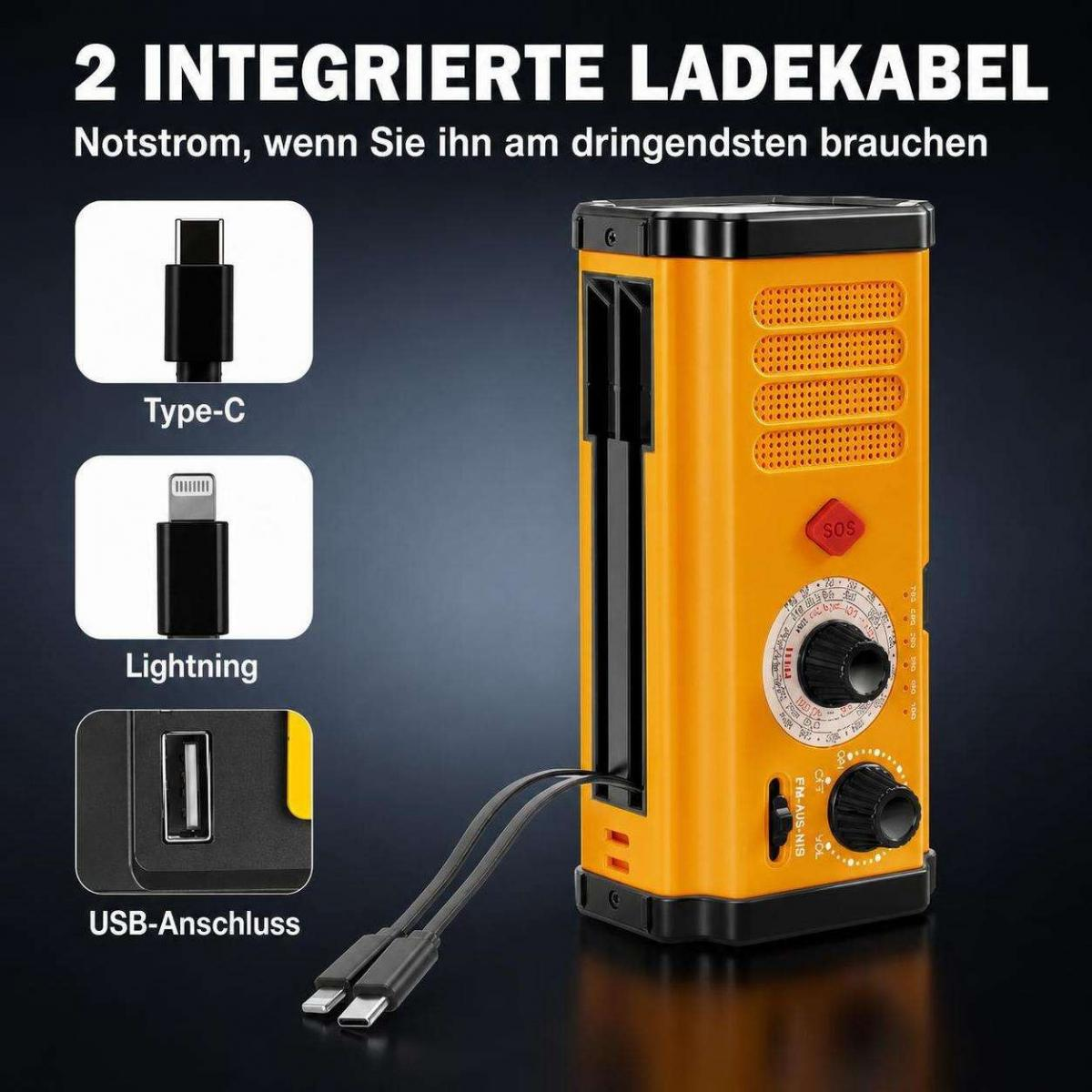 Gelbes Notstromradio mit integrierten Ladekabeln und deutscher Beschriftung oben.