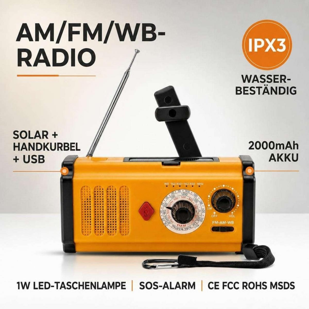 Gelbes AM/FM/WB-Kurbelradio mit Antenne, Solarpanel und deutscher Beschriftung auf weißem Hintergrund.