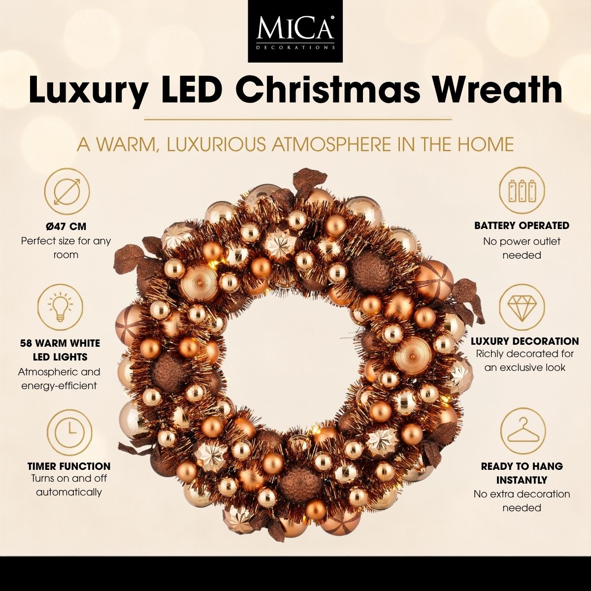 Promotional poster for a luxury round LED Christmas wreath in copper and gold tones with integrated features.