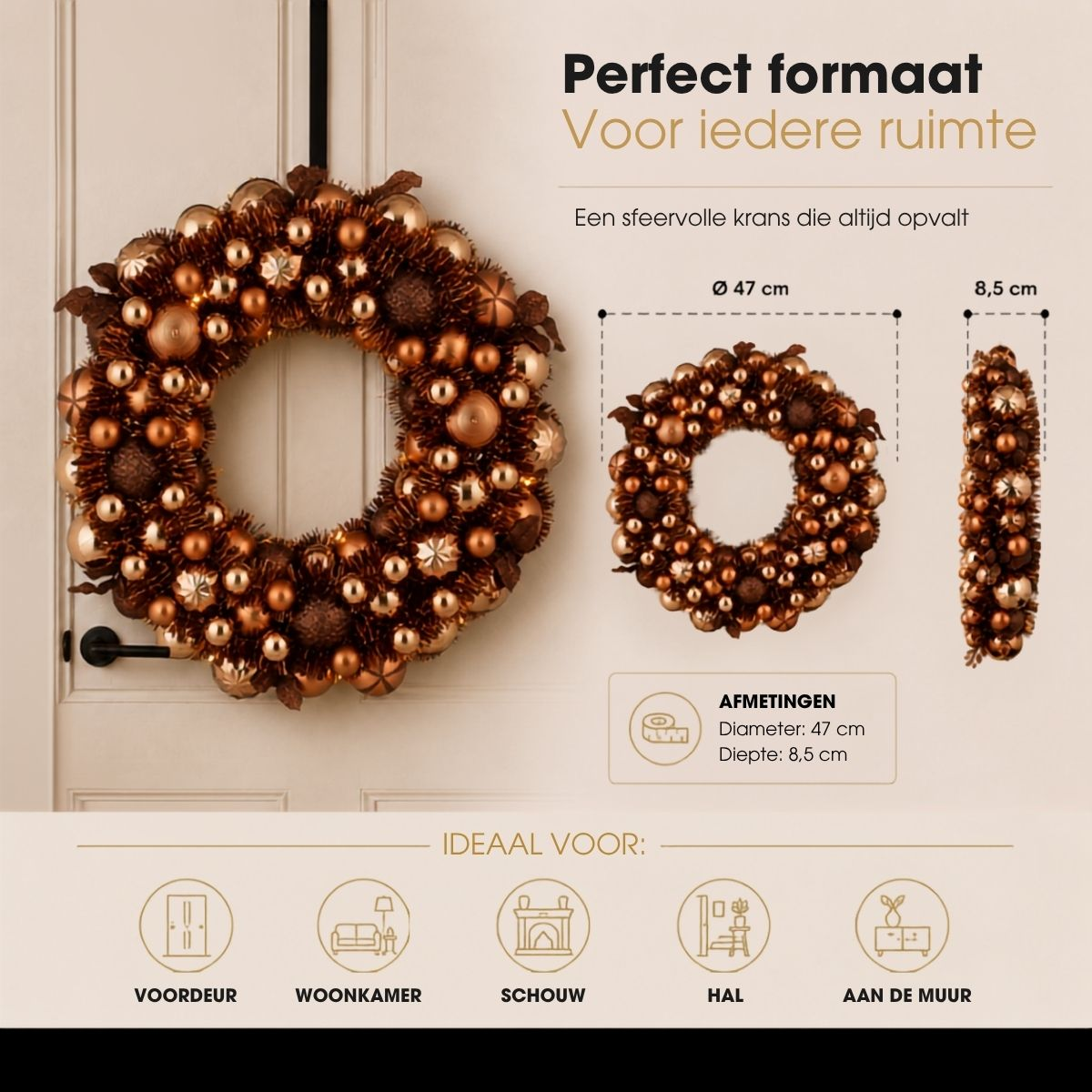 Copper Christmas wreath display with size details showing 47 cm diameter and 8.5 cm depth.