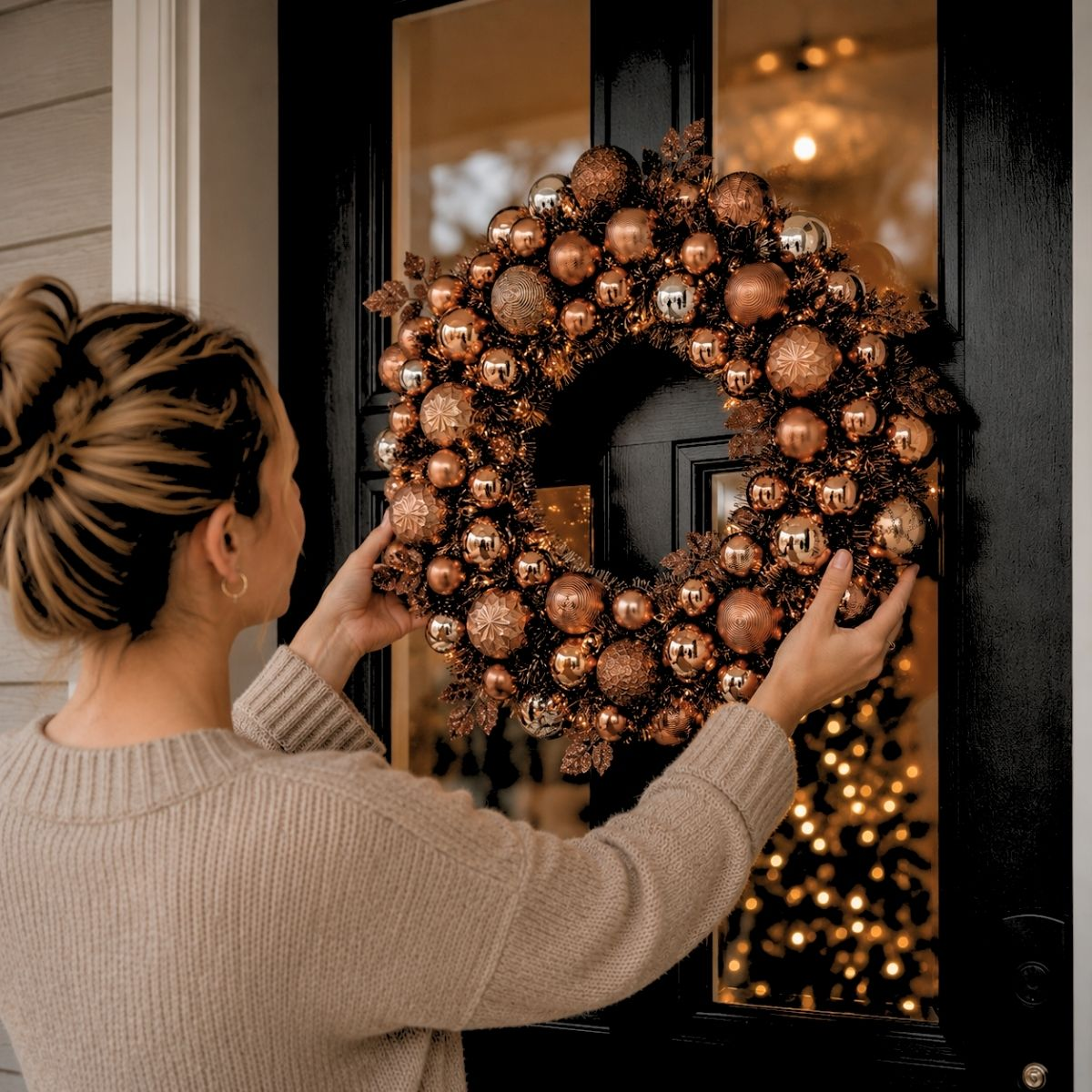 A woman in a beige sweater hangs a bronze ornament Christmas wreath on a black door.