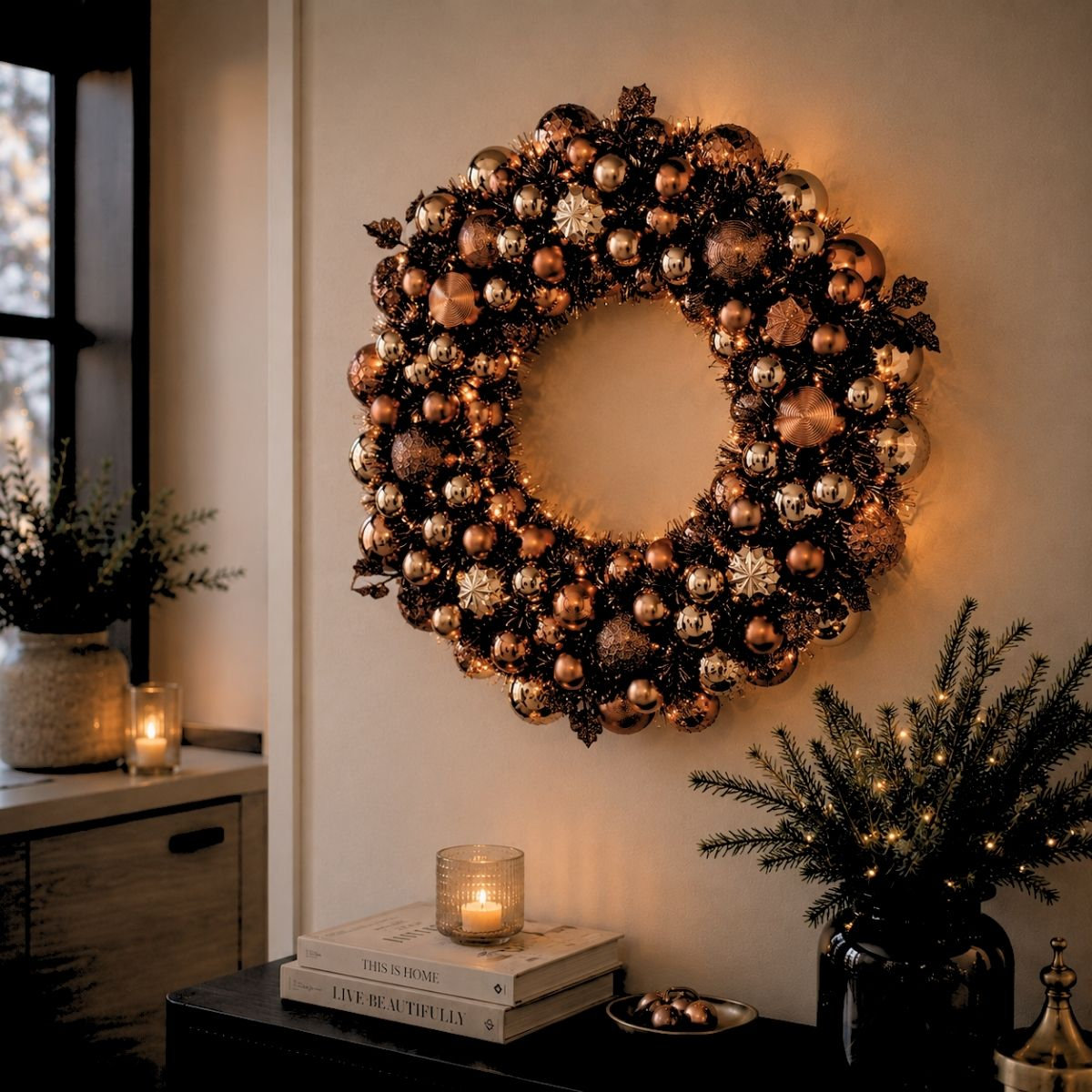 A festive bronze Christmas wreath with baubles and lights hangs on a neutral wall above a candlelit table.