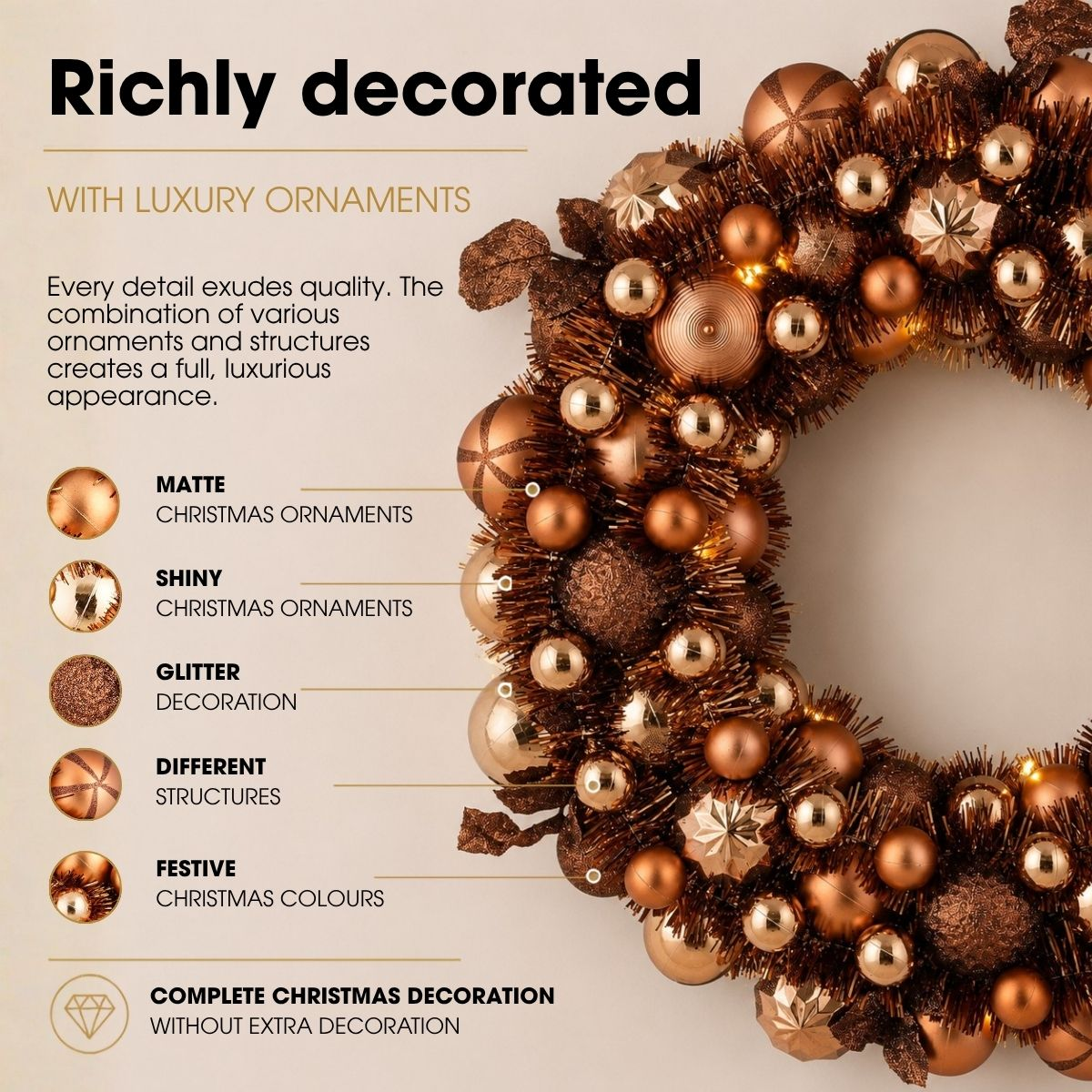 A luxurious bronze Christmas wreath featuring matte, shiny, and glittery ornaments.