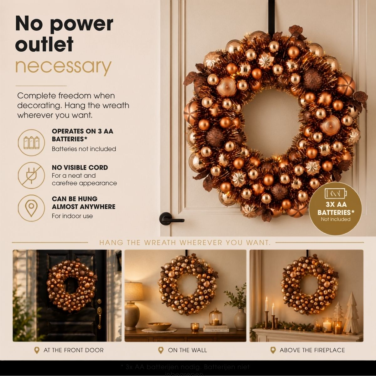 Copper-colored Christmas wreath decoration with text and placement examples.
