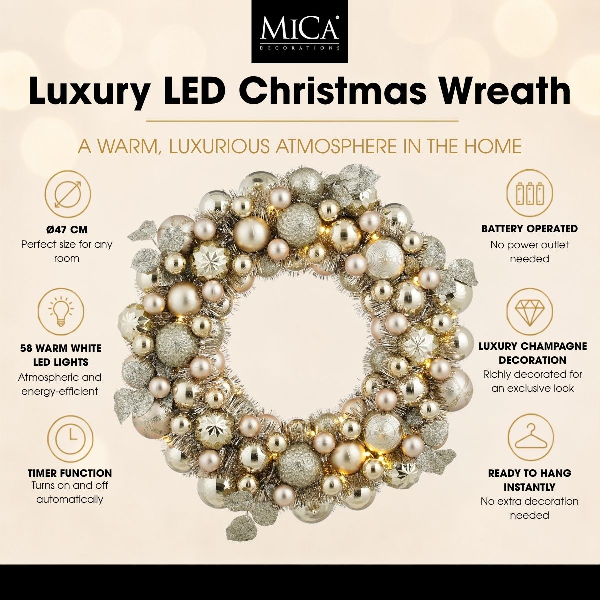 Promotional poster for a luxury champagne-colored LED Christmas wreath with product features.