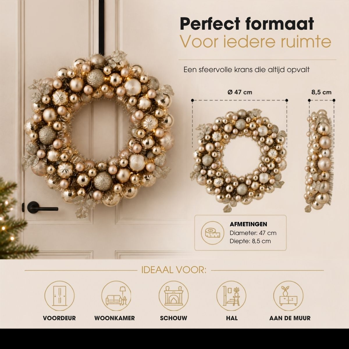 Gold Christmas wreath, 47 cm diameter and 8,5 cm depth, showing dimensions and decor ideas.