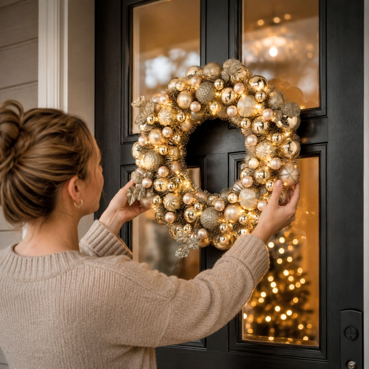 A woman in a beige sweater hangs a lit gold ornament wreath on a black door.