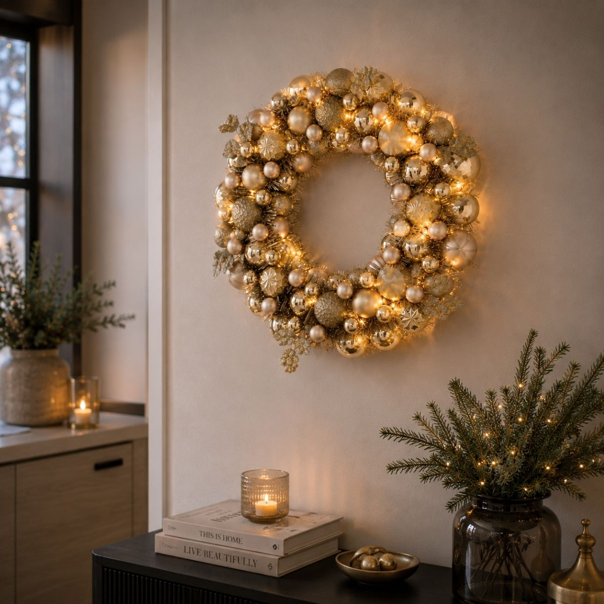 Lit gold Christmas wreath on light wall with candles and pine greenery on table.