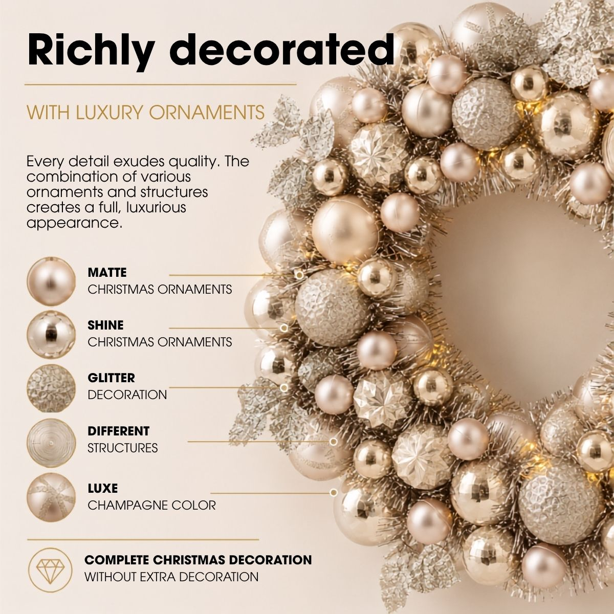 Luxury champagne-colored Christmas wreath featuring matte and shiny ornaments, glitter, and textured details.