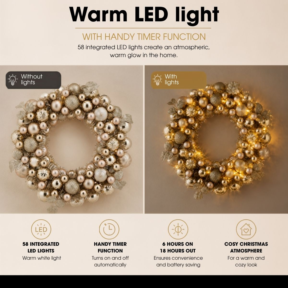 A gold Christmas wreath with baubles and integrated LED lighting featuring a timer function.