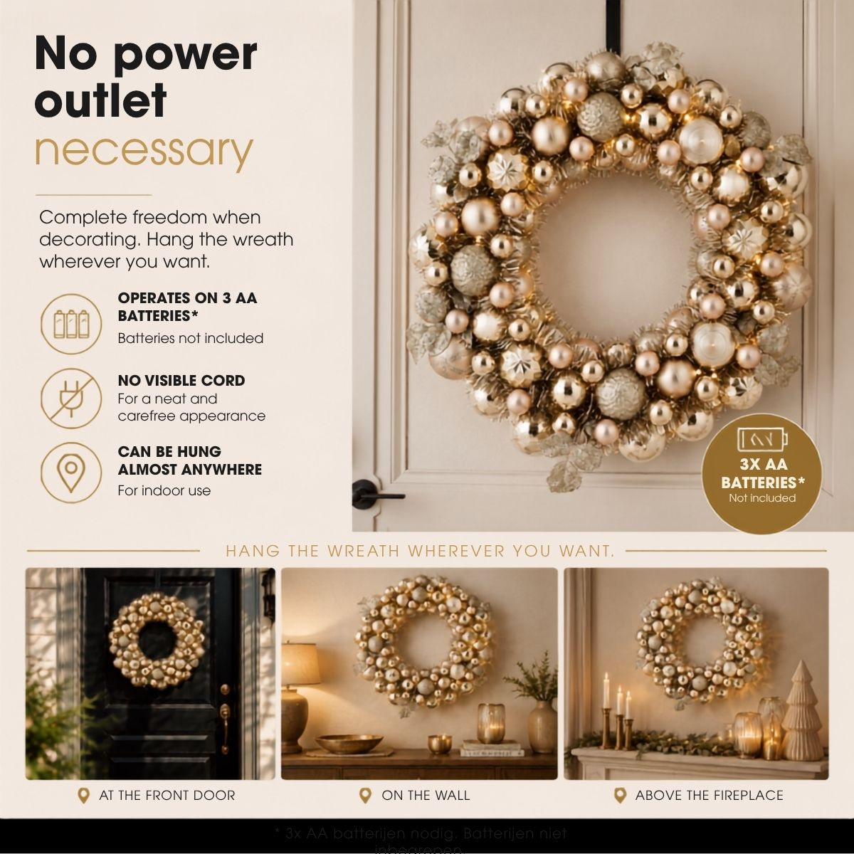 A gold Christmas wreath with ornaments hangs on a light door, with product text and examples of use below.
