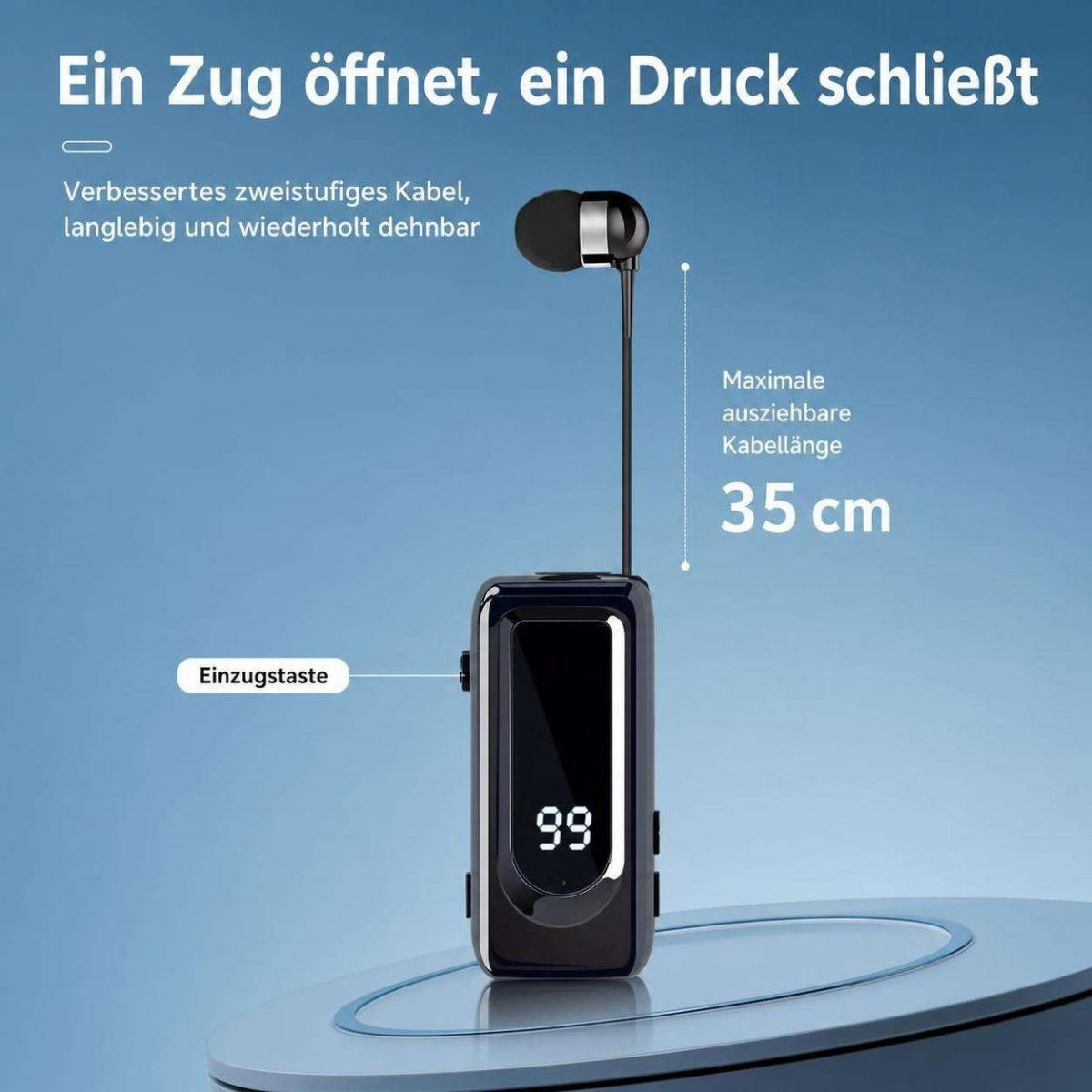 Ein schwarzes Gadget mit digitaler Anzeige und ausziehbarem Kabel auf blauem Hintergrund.
