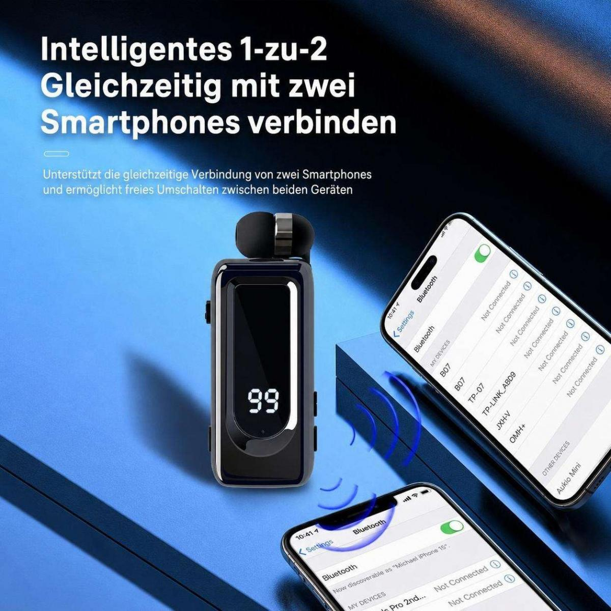 Ein kleines Bluetooth-Gerät mit Display und zwei Smartphones im Hintergrund, die Einstellungen zeigen.